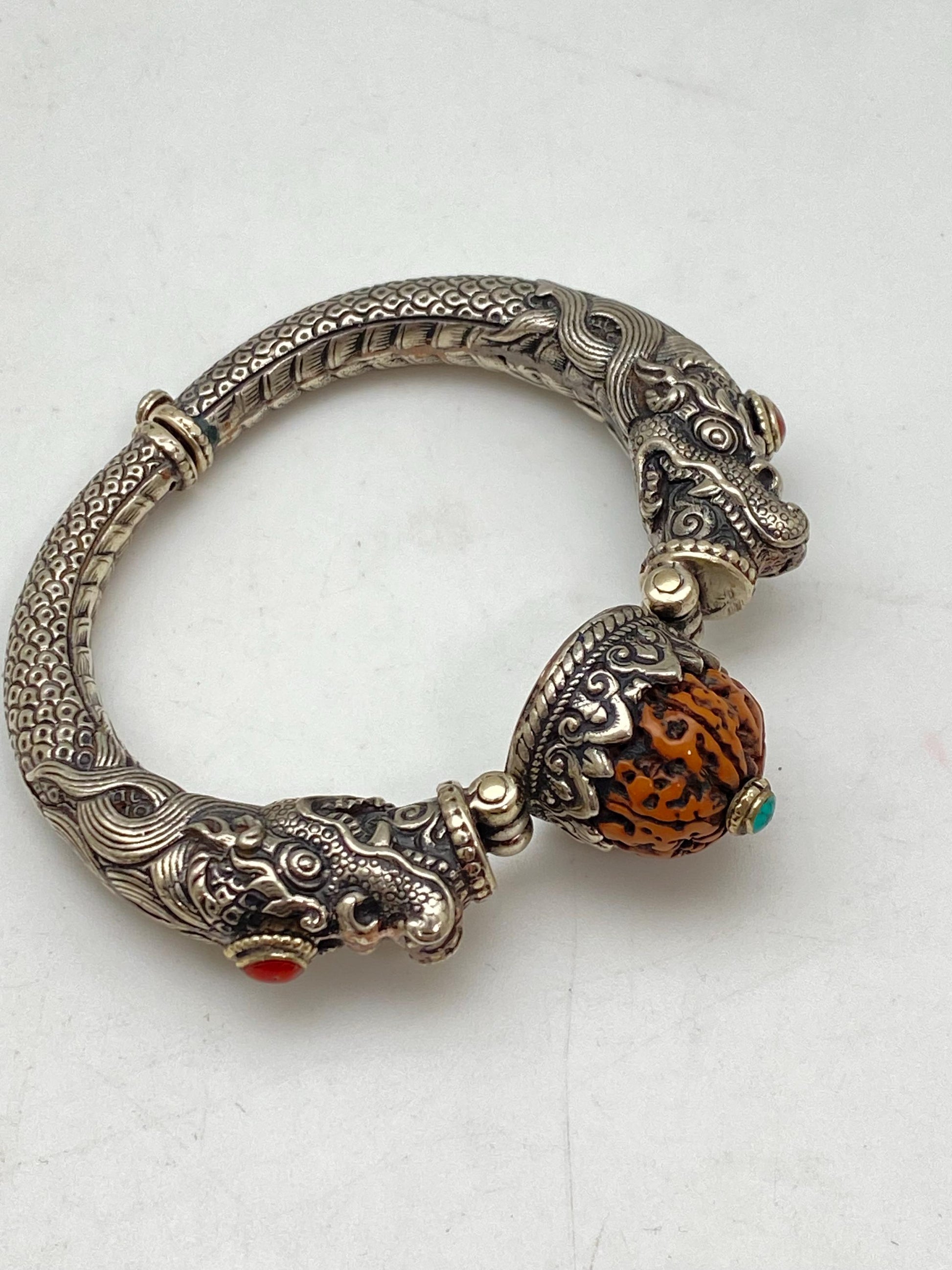 Handcrafted Tibetan Silver Dragon Bangle, Rudraksha, Turquoise, Coral Ethnic Design