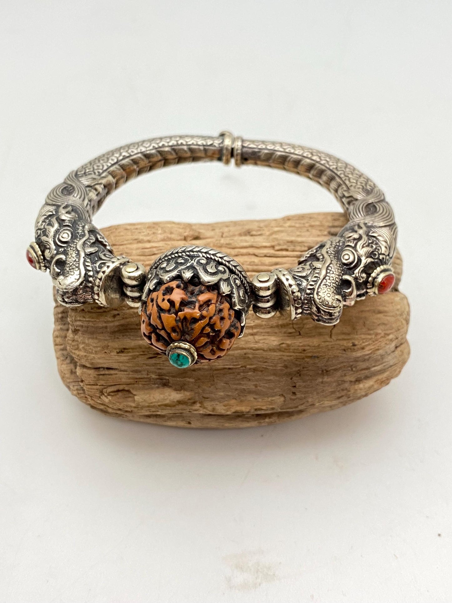Handcrafted Tibetan Silver Dragon Bangle, Rudraksha, Turquoise, Coral Ethnic Design