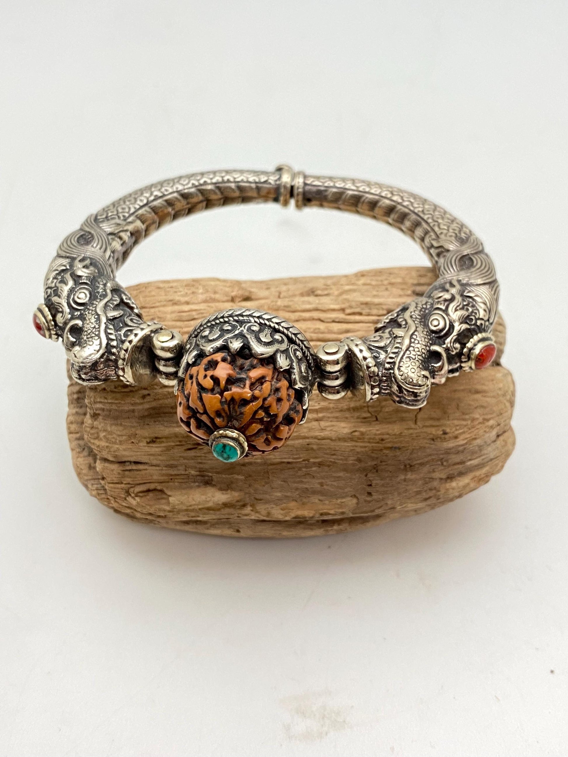 Handcrafted Tibetan Silver Dragon Bangle, Rudraksha, Turquoise, Coral Ethnic Design