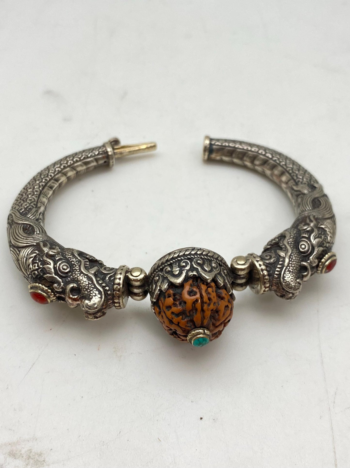Handcrafted Tibetan Silver Dragon Bangle, Rudraksha, Turquoise, Coral Ethnic Design