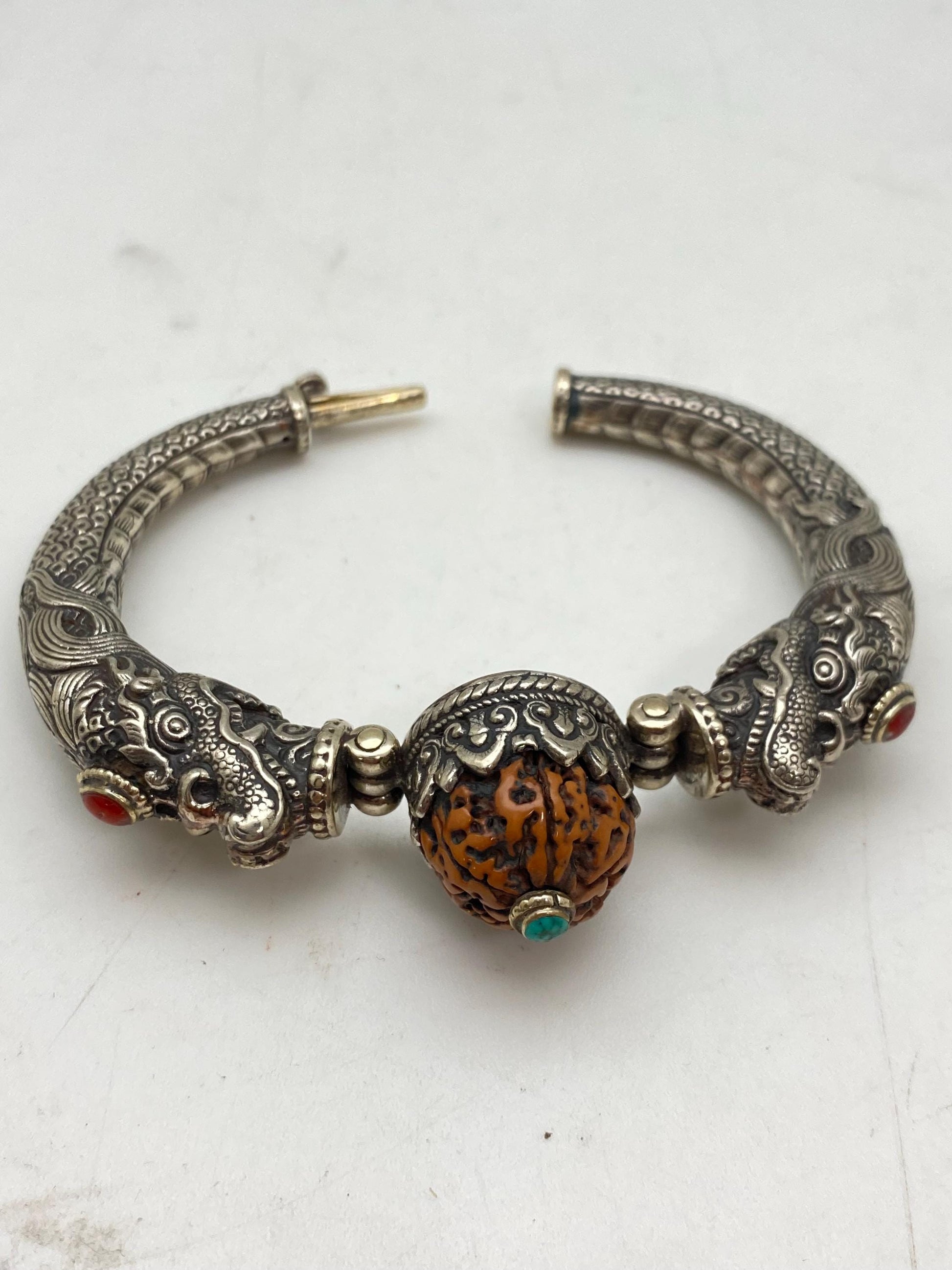 Handcrafted Tibetan Silver Dragon Bangle, Rudraksha, Turquoise, Coral Ethnic Design