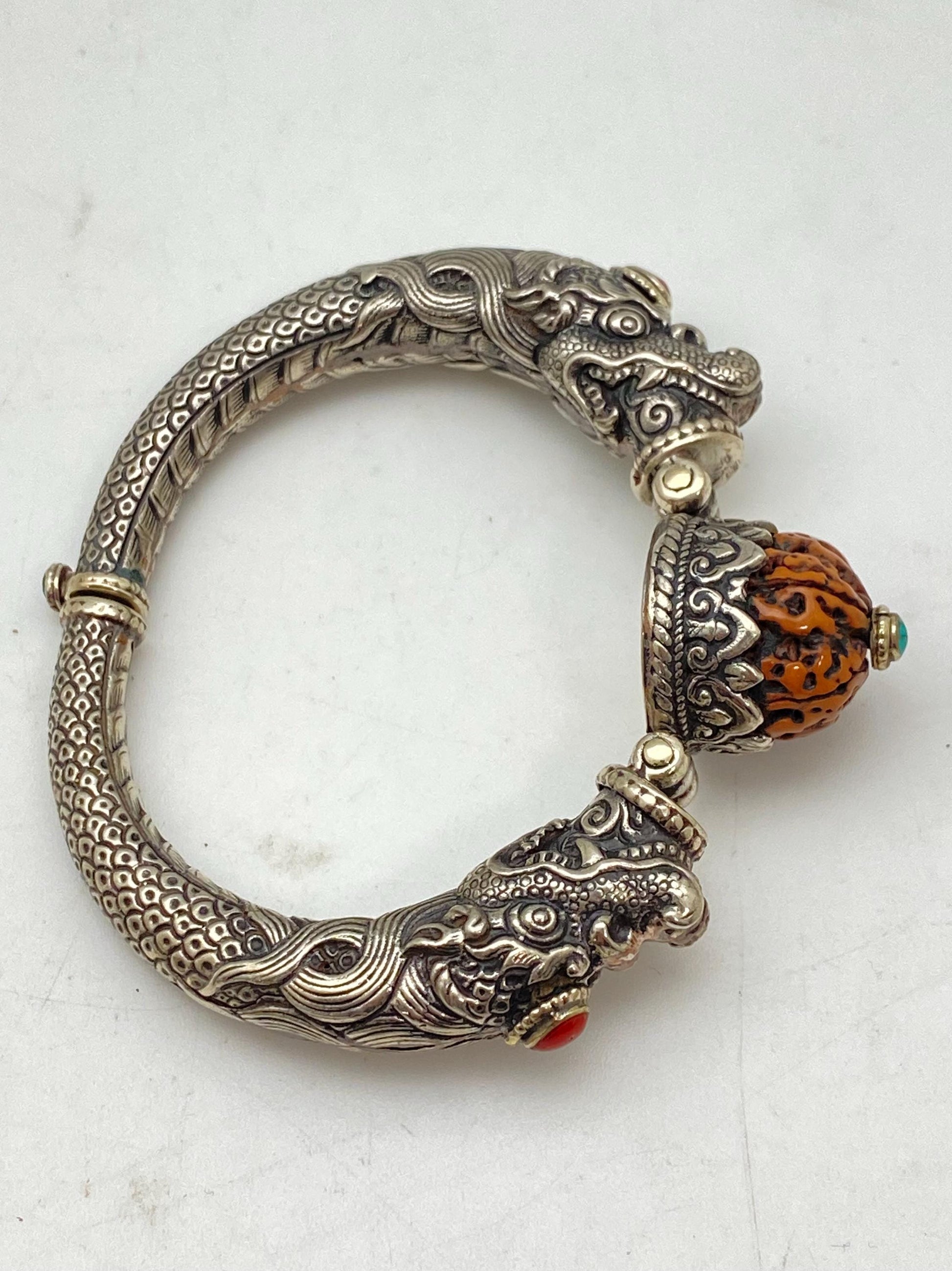 Handcrafted Tibetan Silver Dragon Bangle, Rudraksha, Turquoise, Coral Ethnic Design