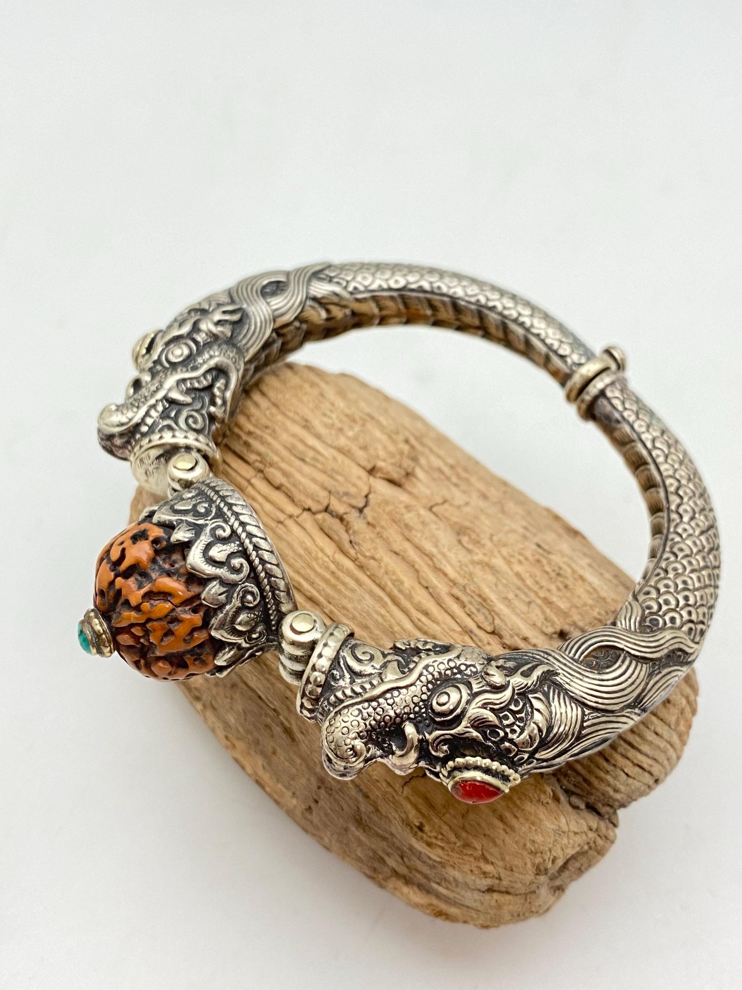 Handcrafted Tibetan Silver Dragon Bangle, Rudraksha, Turquoise, Coral Ethnic Design