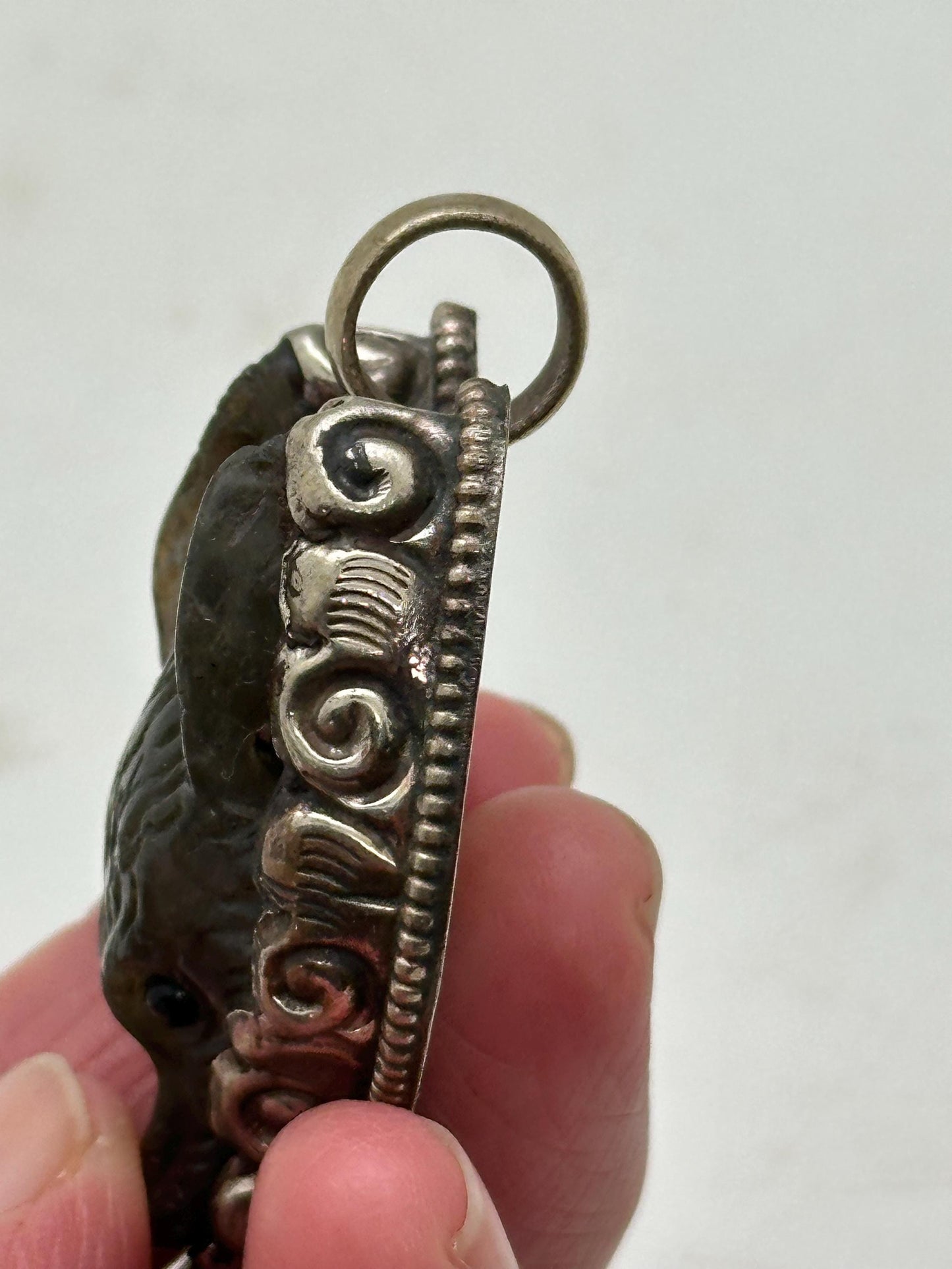 labradorite carved wolf pendant, handcrafted, Tibetan silver, animal lover,