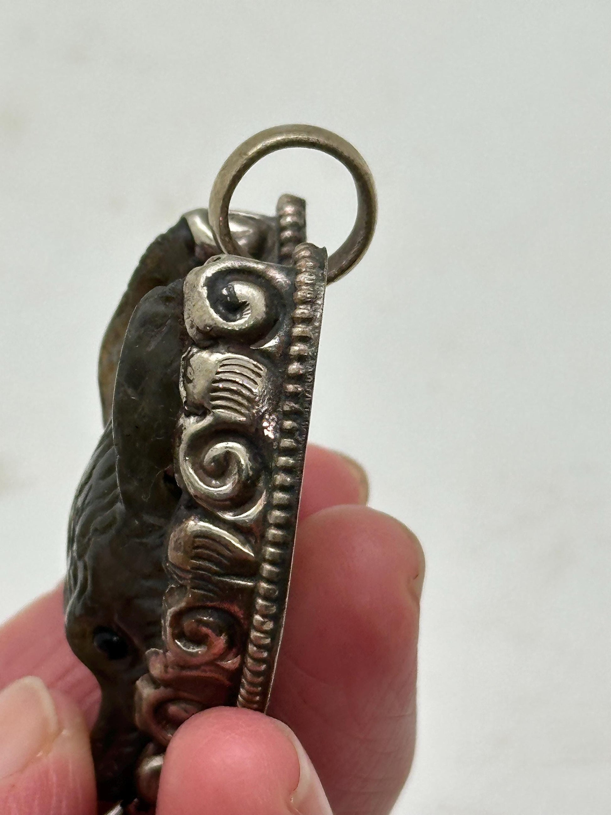 labradorite carved wolf pendant, handcrafted, Tibetan silver, animal lover,