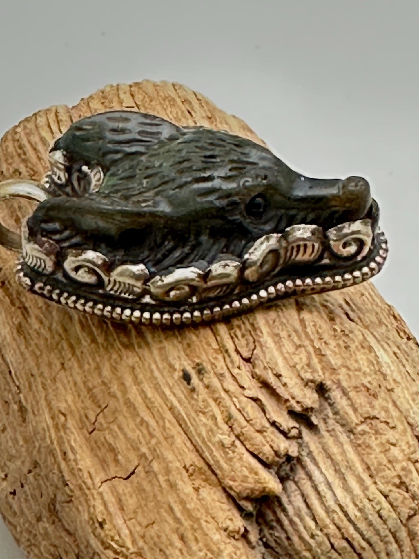 labradorite carved wolf pendant, handcrafted, Tibetan silver, animal lover,