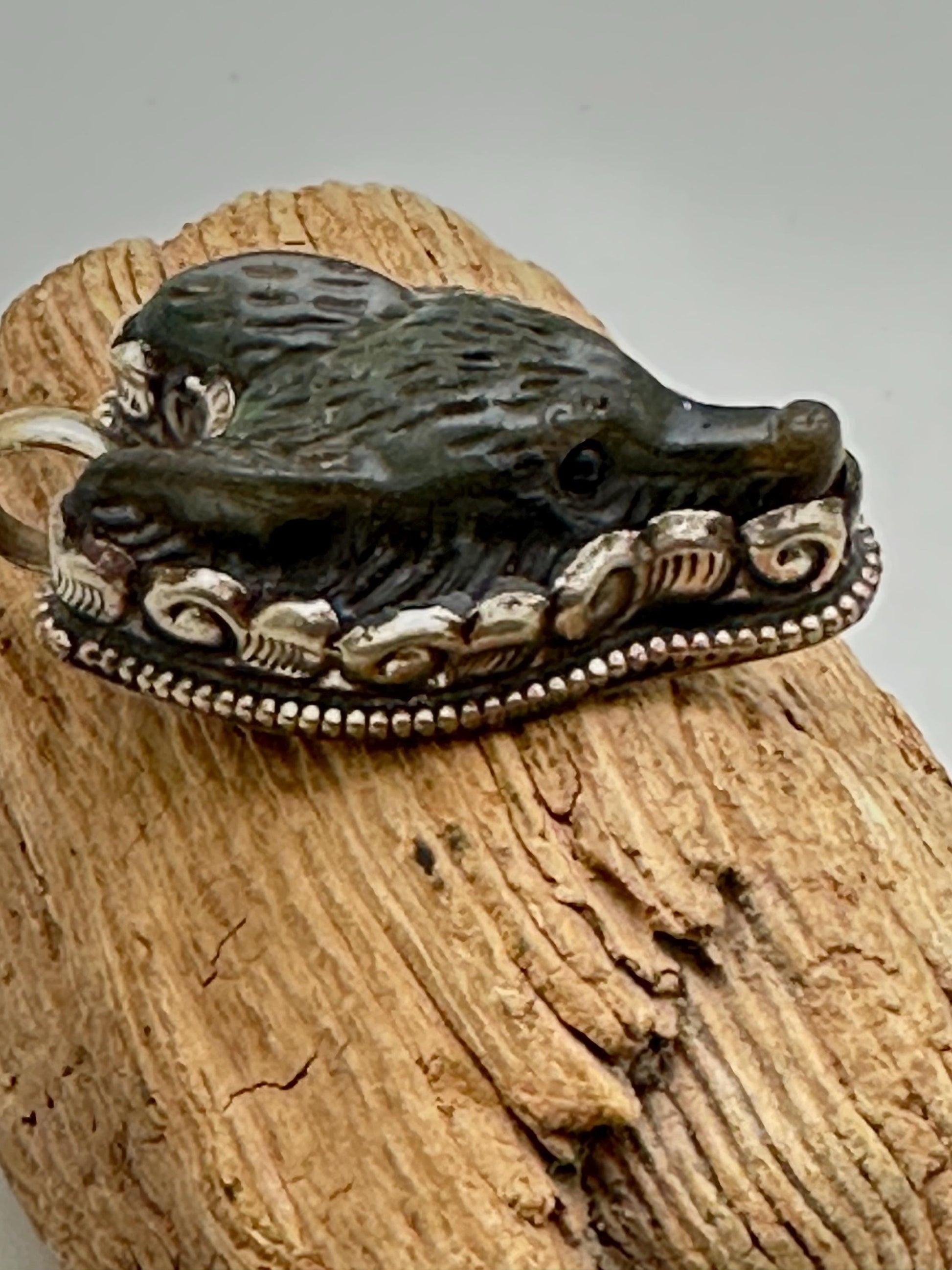 labradorite carved wolf pendant, handcrafted, Tibetan silver, animal lover,