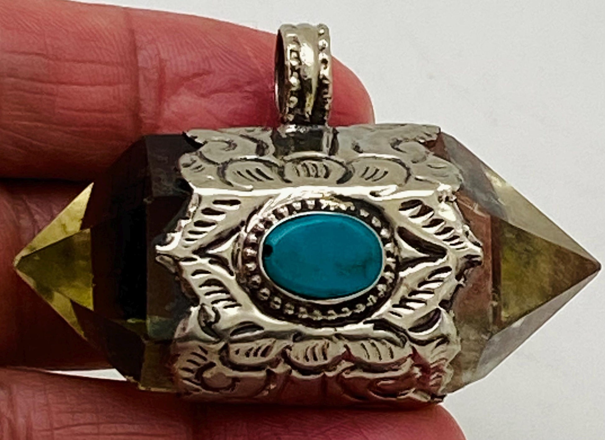 Handcrafted Citrine & Turquoise Pendant: Tibetan Silver, Nepalese Design