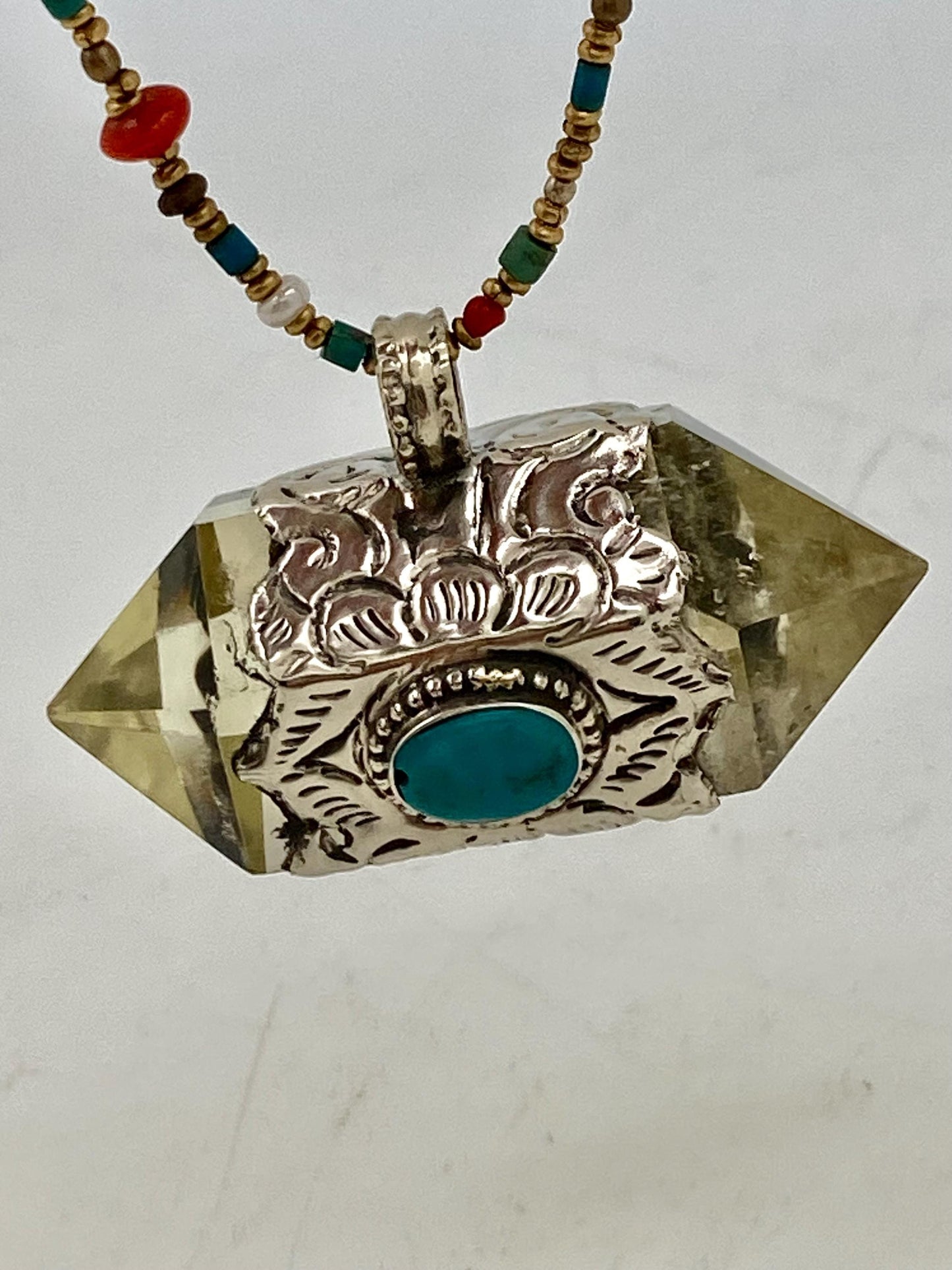 Handcrafted Citrine & Turquoise Pendant: Tibetan Silver, Nepalese Design