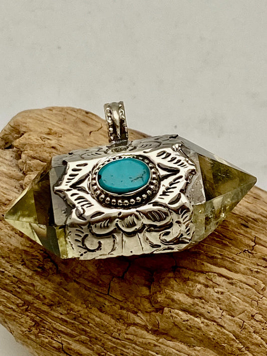 Handcrafted Citrine & Turquoise Pendant: Tibetan Silver, Nepalese Design