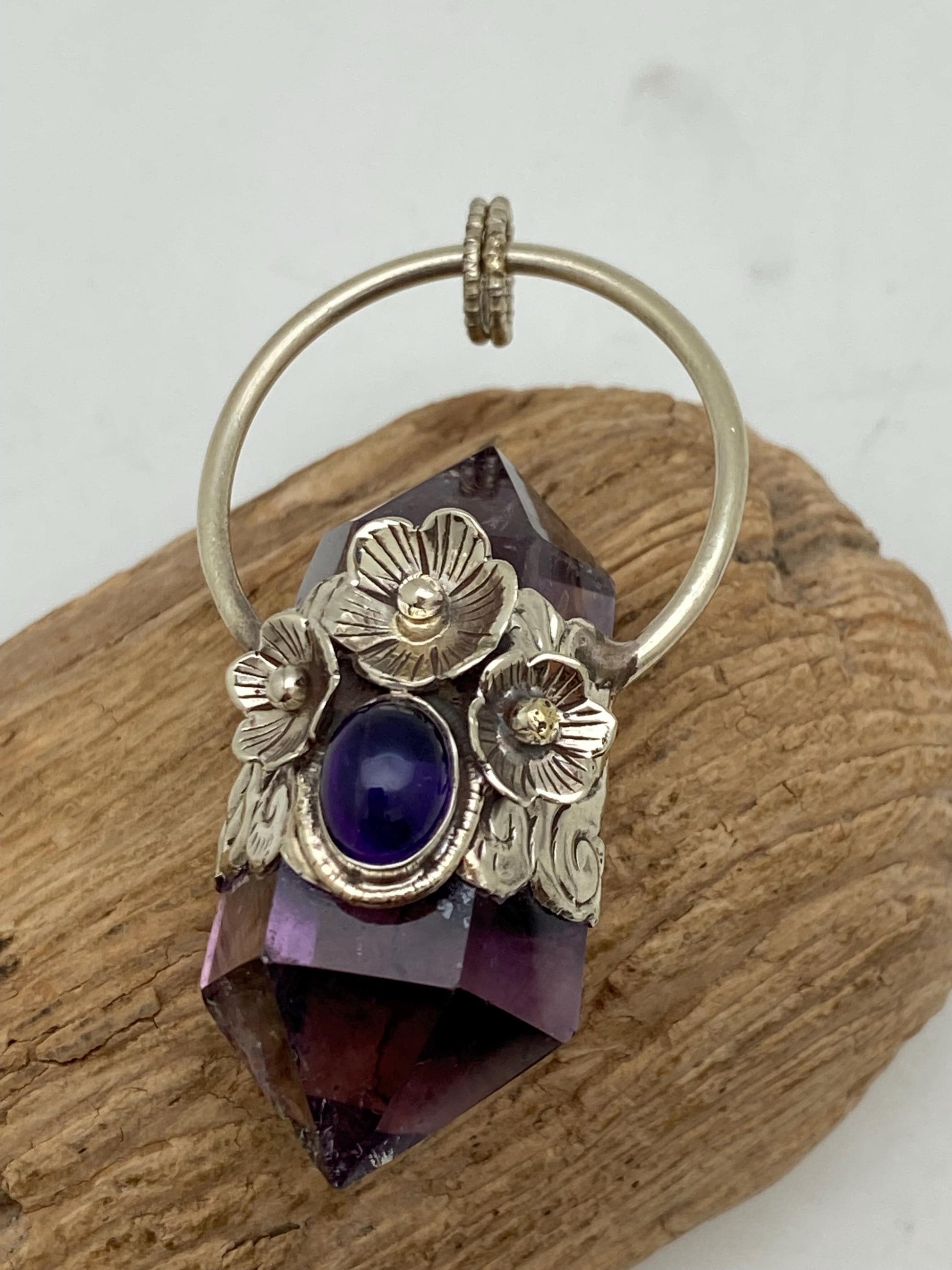 Handcrafted Amethyst Double Point Pendant: Tibetan Silver Floral Design