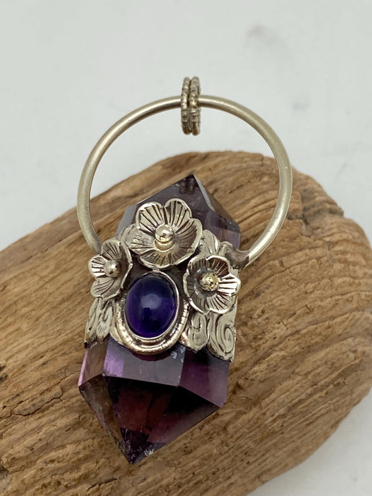 Handcrafted Amethyst Double Point Pendant: Tibetan Silver Floral Design
