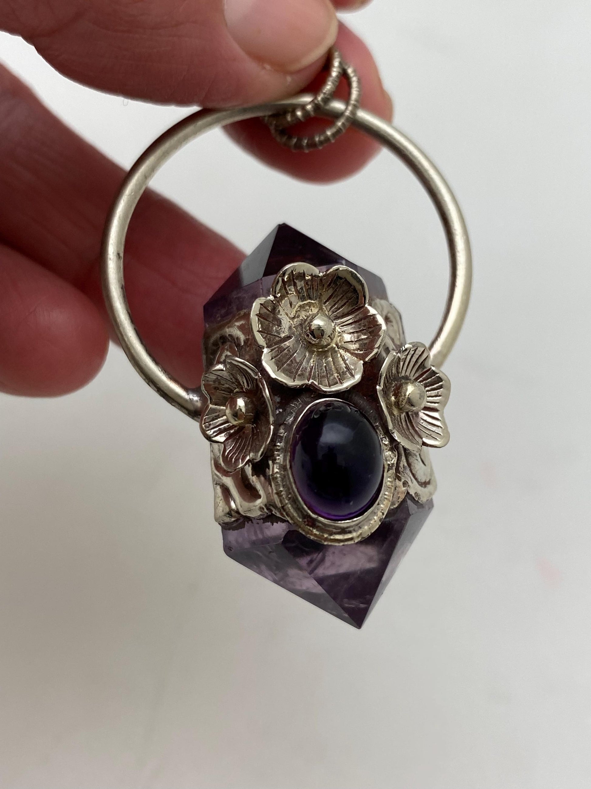 Handcrafted Amethyst Double Point Pendant: Tibetan Silver Floral Design