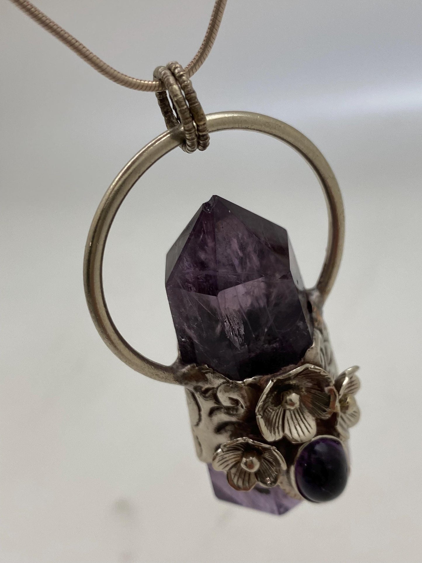 Handcrafted Amethyst Double Point Pendant: Tibetan Silver Floral Design