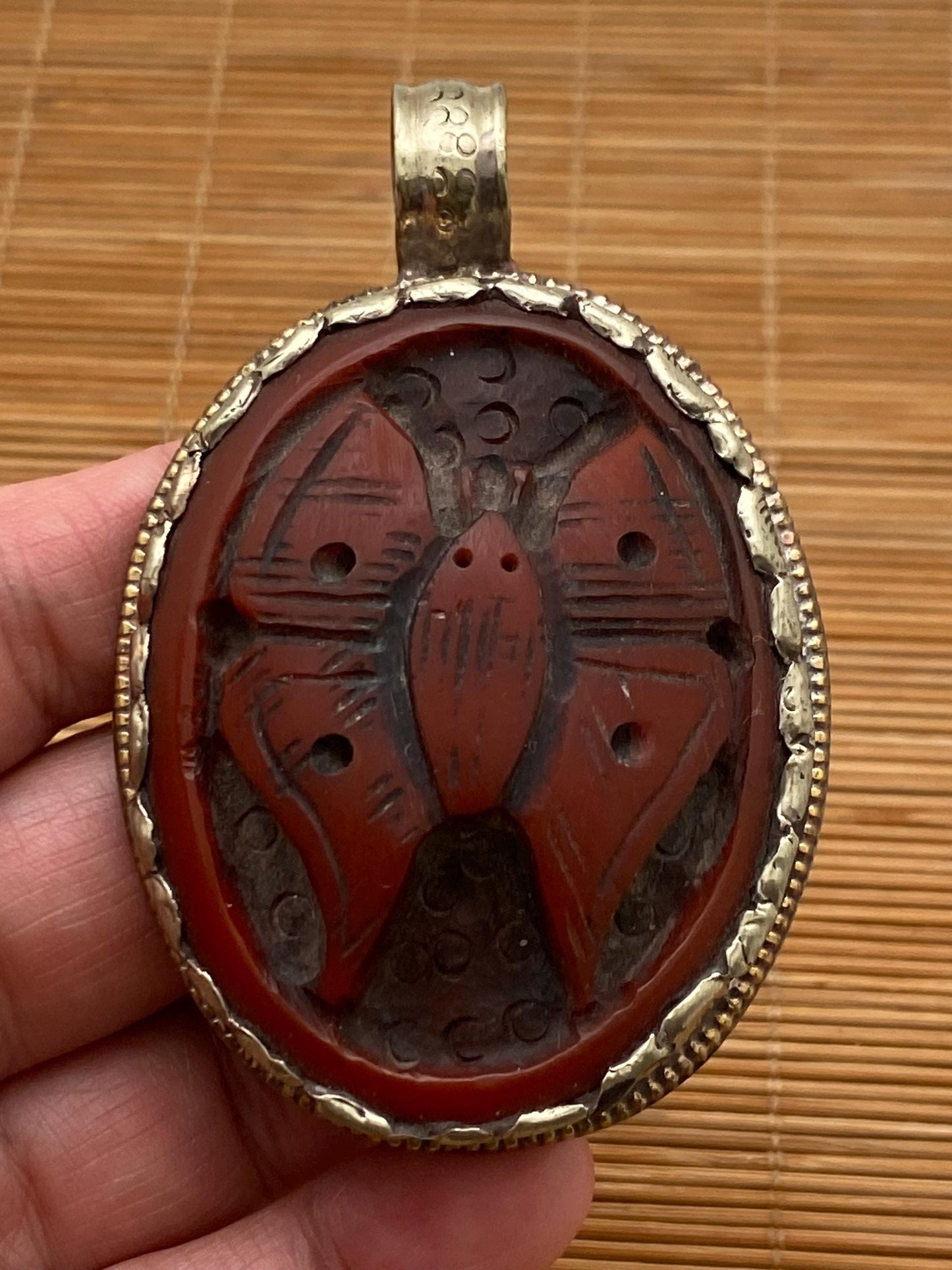 Butterfly pendant, handcrafted, Bone carved, Tibetan silver, Bug pendant,Red Butterfly