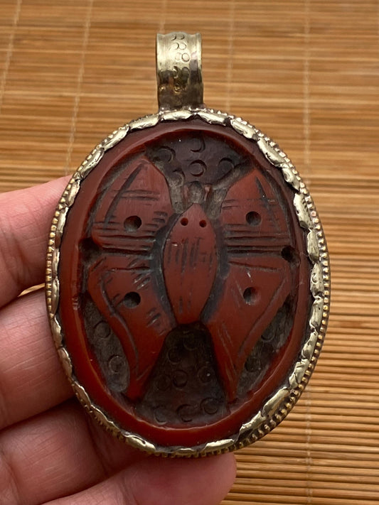 Butterfly pendant, handcrafted, Bone carved, Tibetan silver, Bug pendant,Red Butterfly