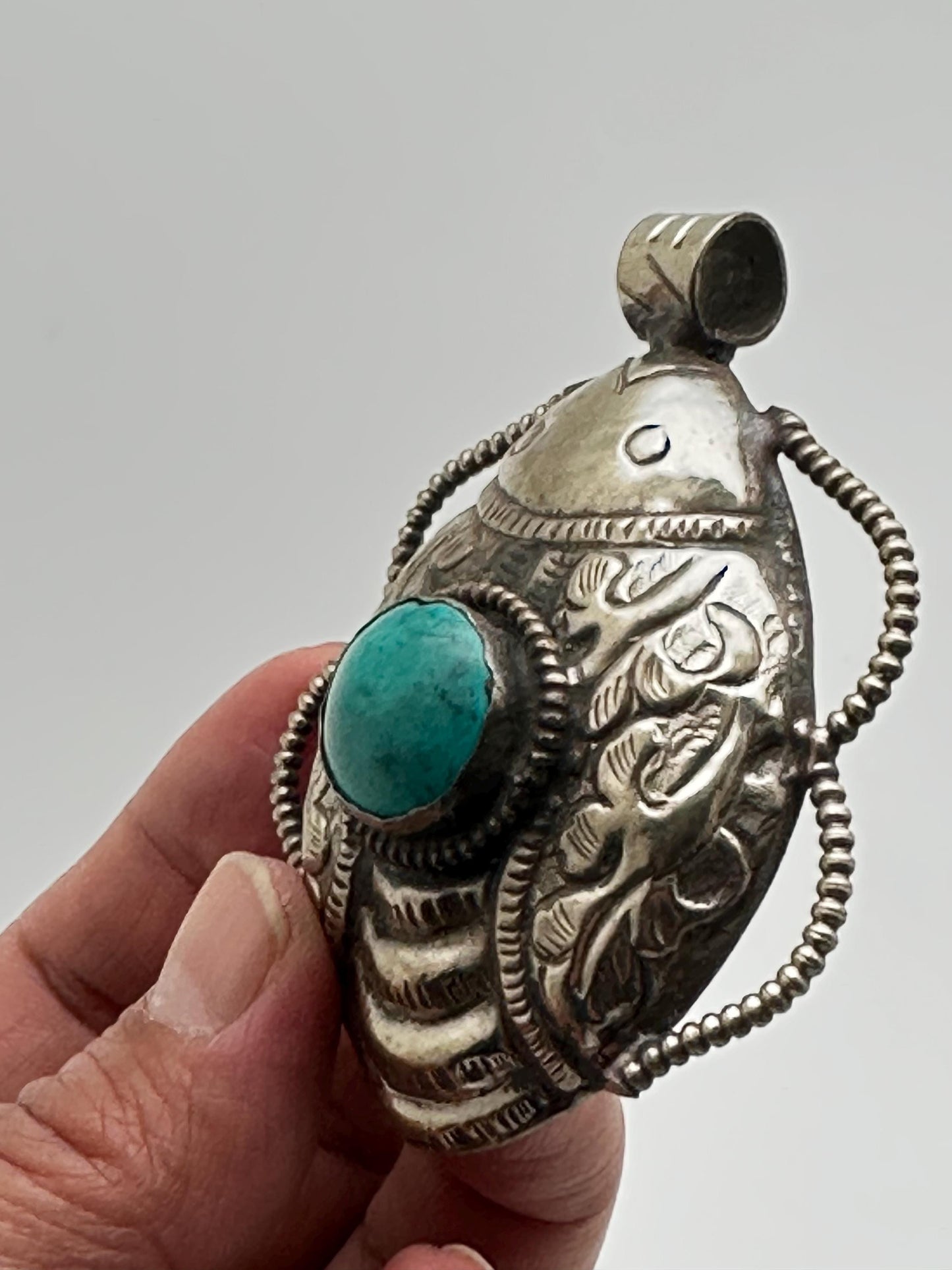 Scarab pendant, turquoise, Tibetan silver, handcrafted, ethnic design, Himalayan, Nepalese