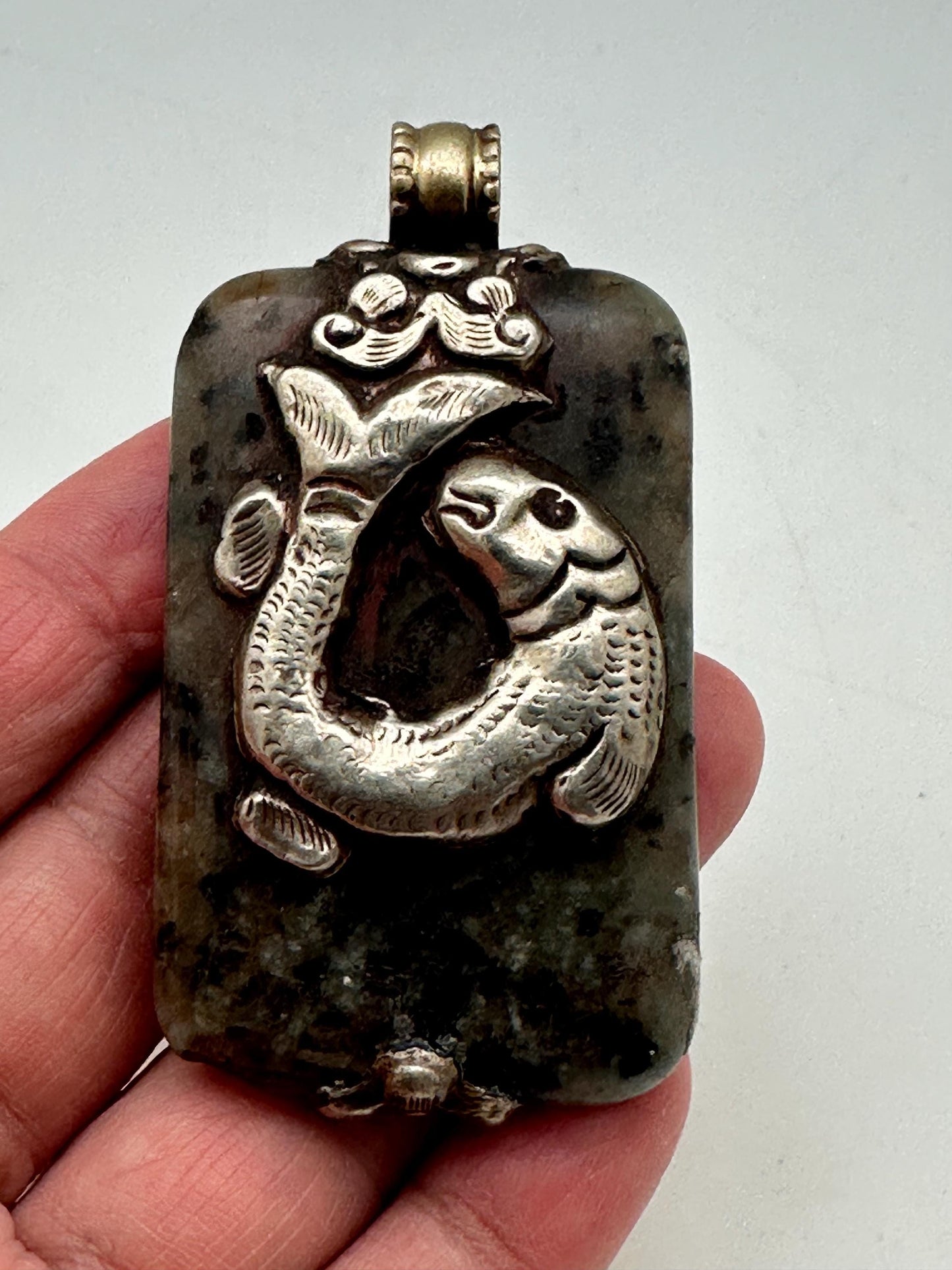 Handcrafted Agate Fish Pendant: Tibetan Silver, Nepalese Design