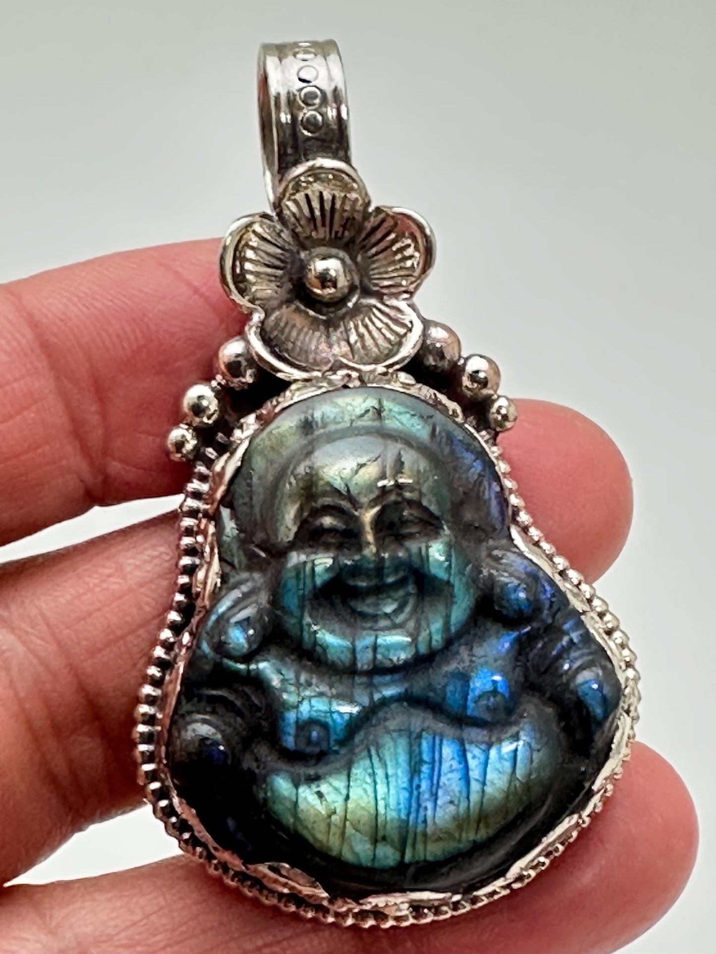 Laughing Buddha,Labradorite carved, Happy Buddha,Tibetan silver,Handcrafted,Flower ,Nepalese,Prosperity,luck