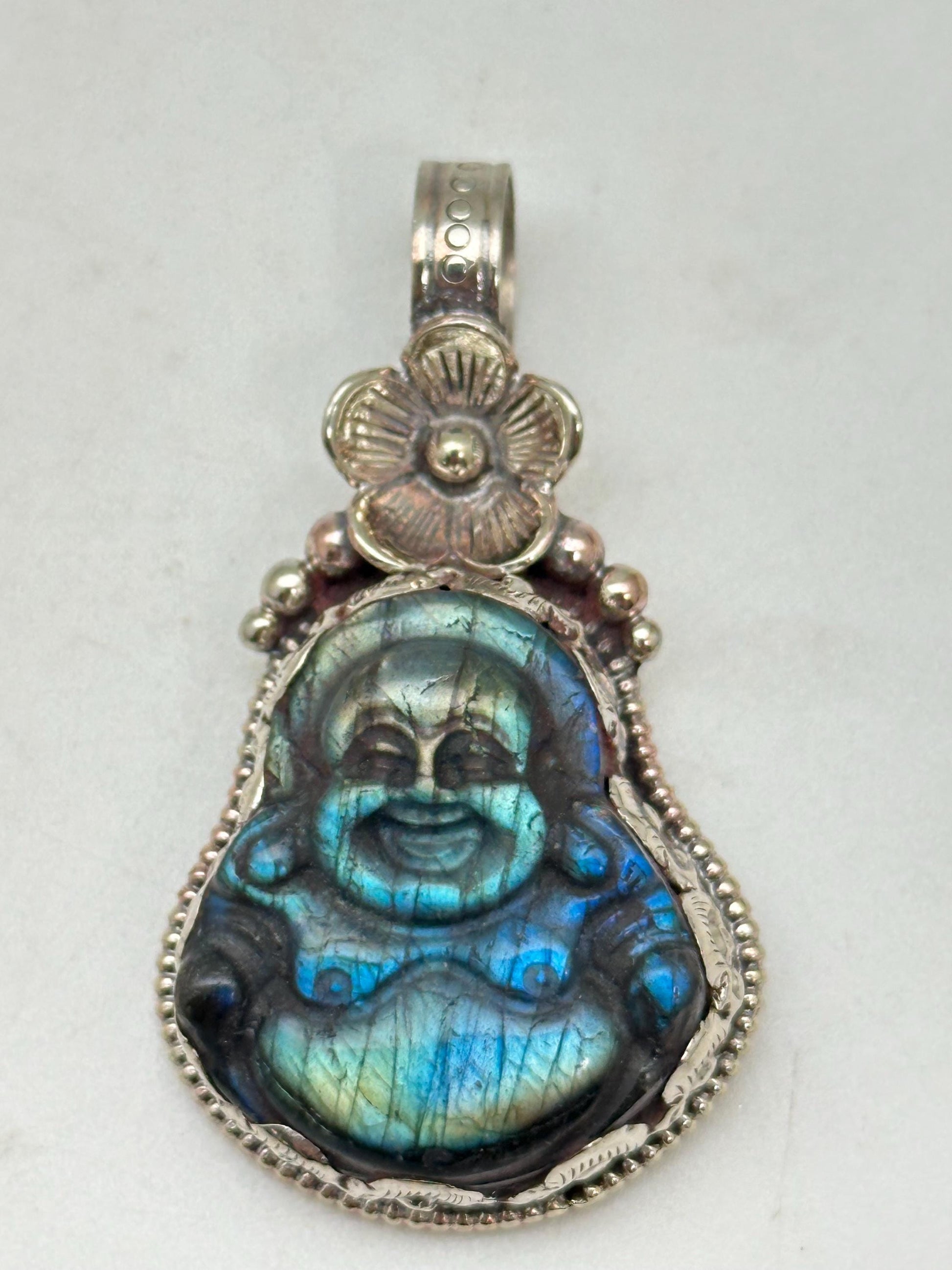 Laughing Buddha,Labradorite carved, Happy Buddha,Tibetan silver,Handcrafted,Flower ,Nepalese,Prosperity,luck