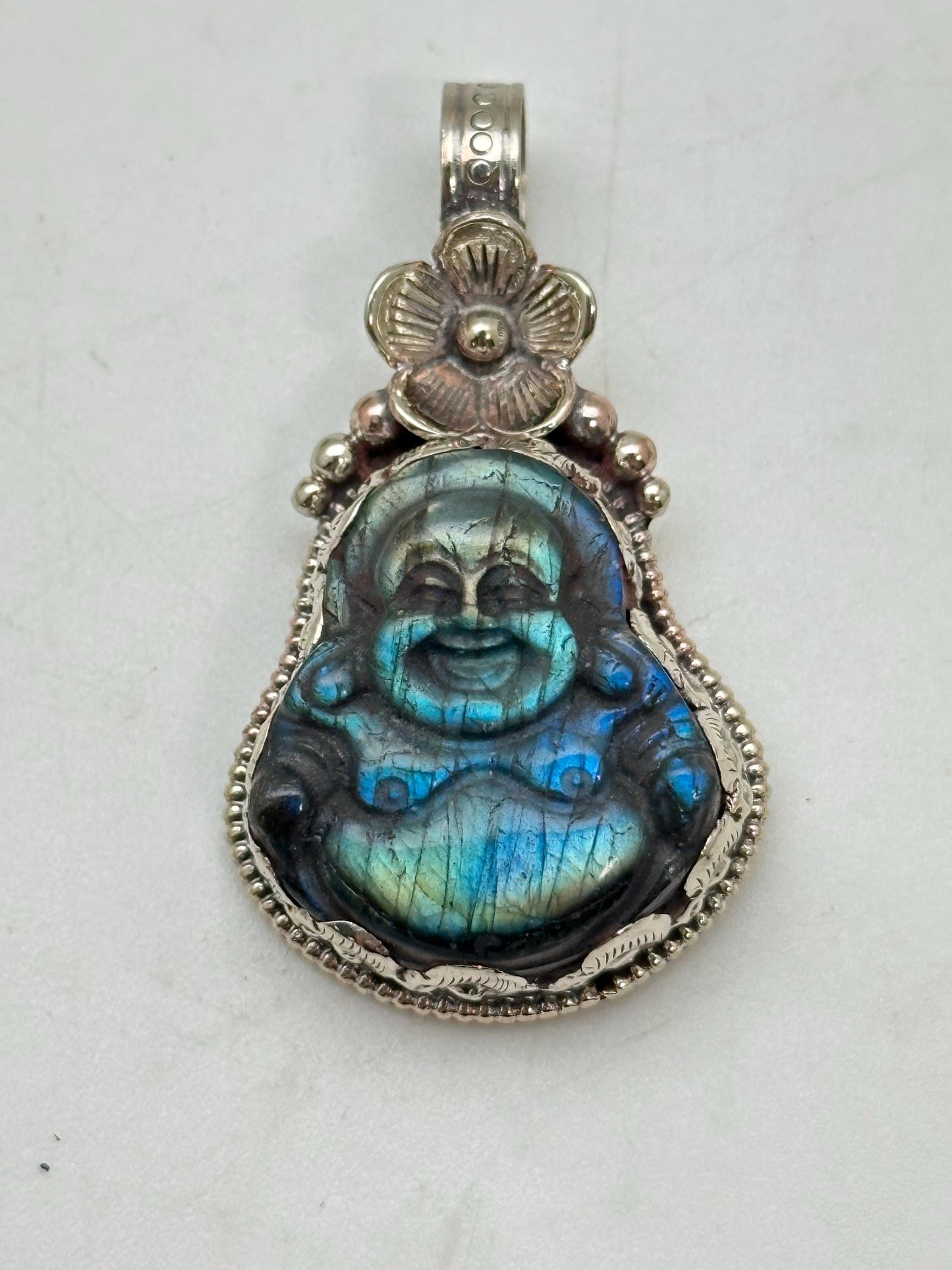 Laughing Buddha,Labradorite carved, Happy Buddha,Tibetan silver,Handcrafted,Flower ,Nepalese,Prosperity,luck