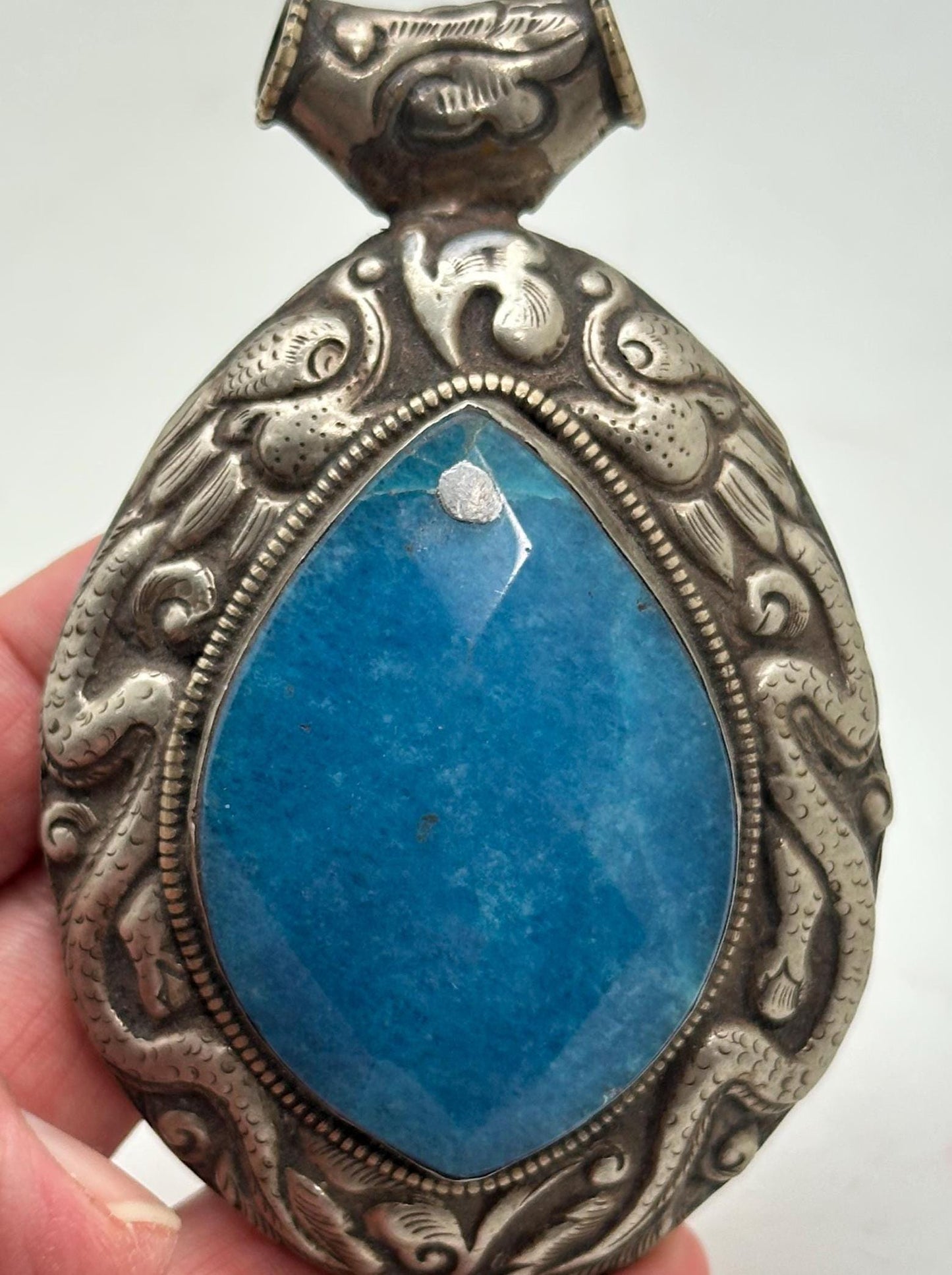 Large Blue stone pendant, handcrafted, Tibetan silver, dragon, ethnic style, Himalayan, Nepalese