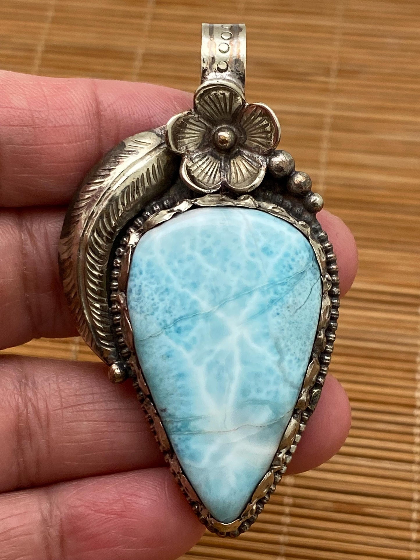 larimar pendant, handcrafted, Tibetan silver, floral design, Himalayan, Nepalese