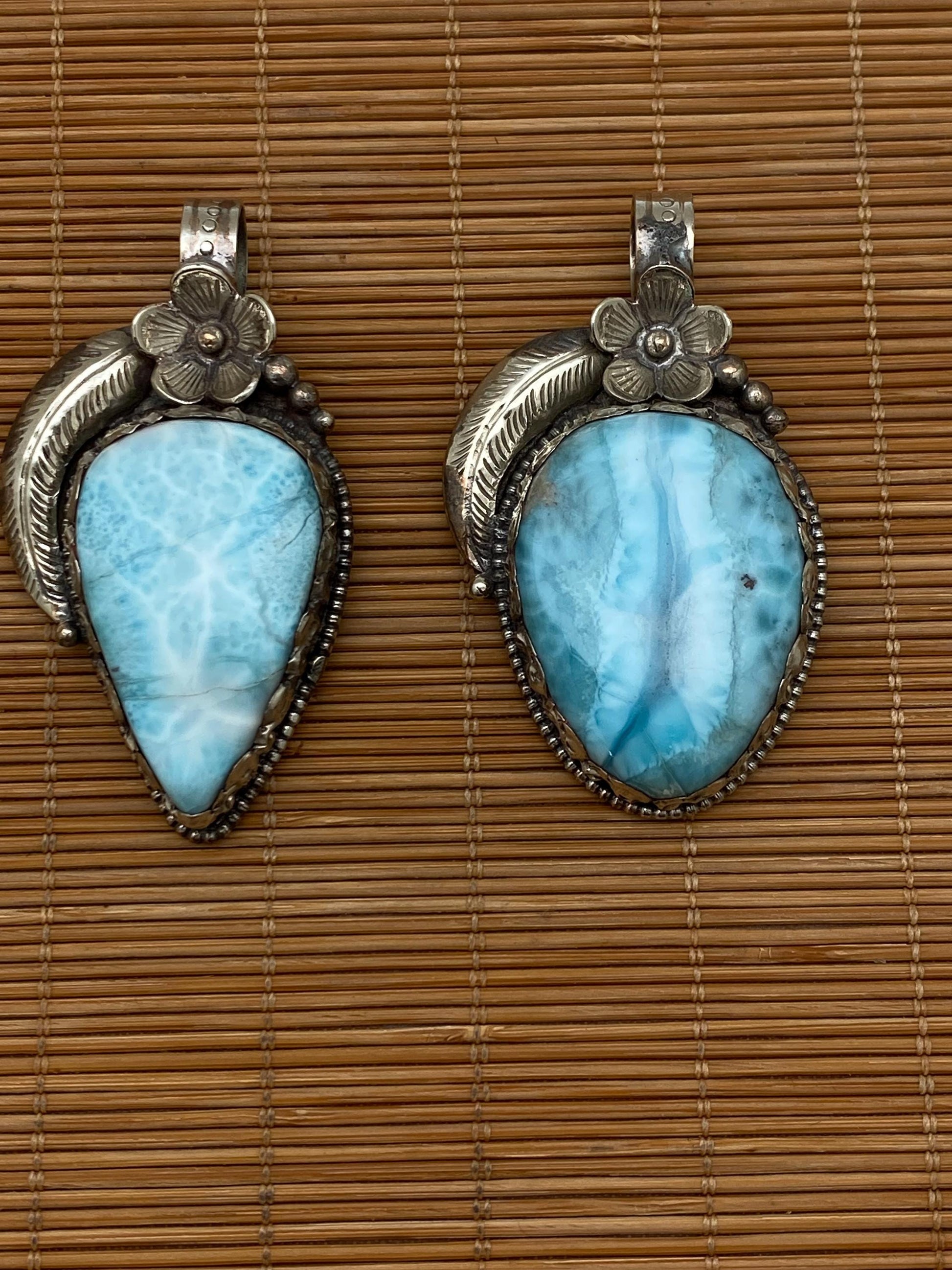larimar pendant, handcrafted, Tibetan silver, floral design, Himalayan, Nepalese