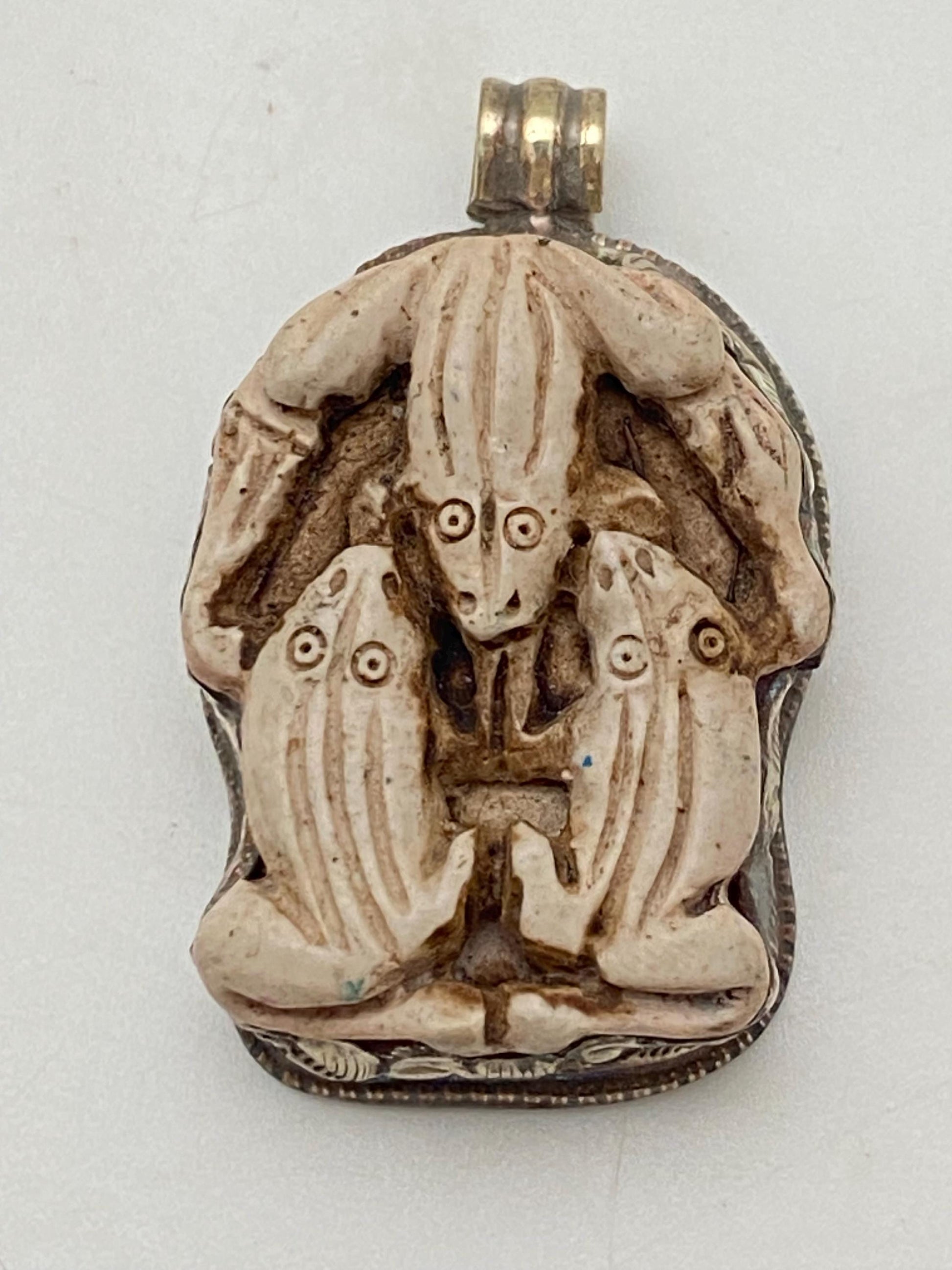 bone carved three frog pendant, handcrafted, Tibetan silver,Nepalese