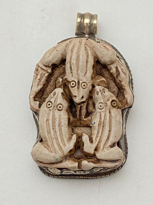 bone carved three frog pendant, handcrafted, Tibetan silver,Nepalese
