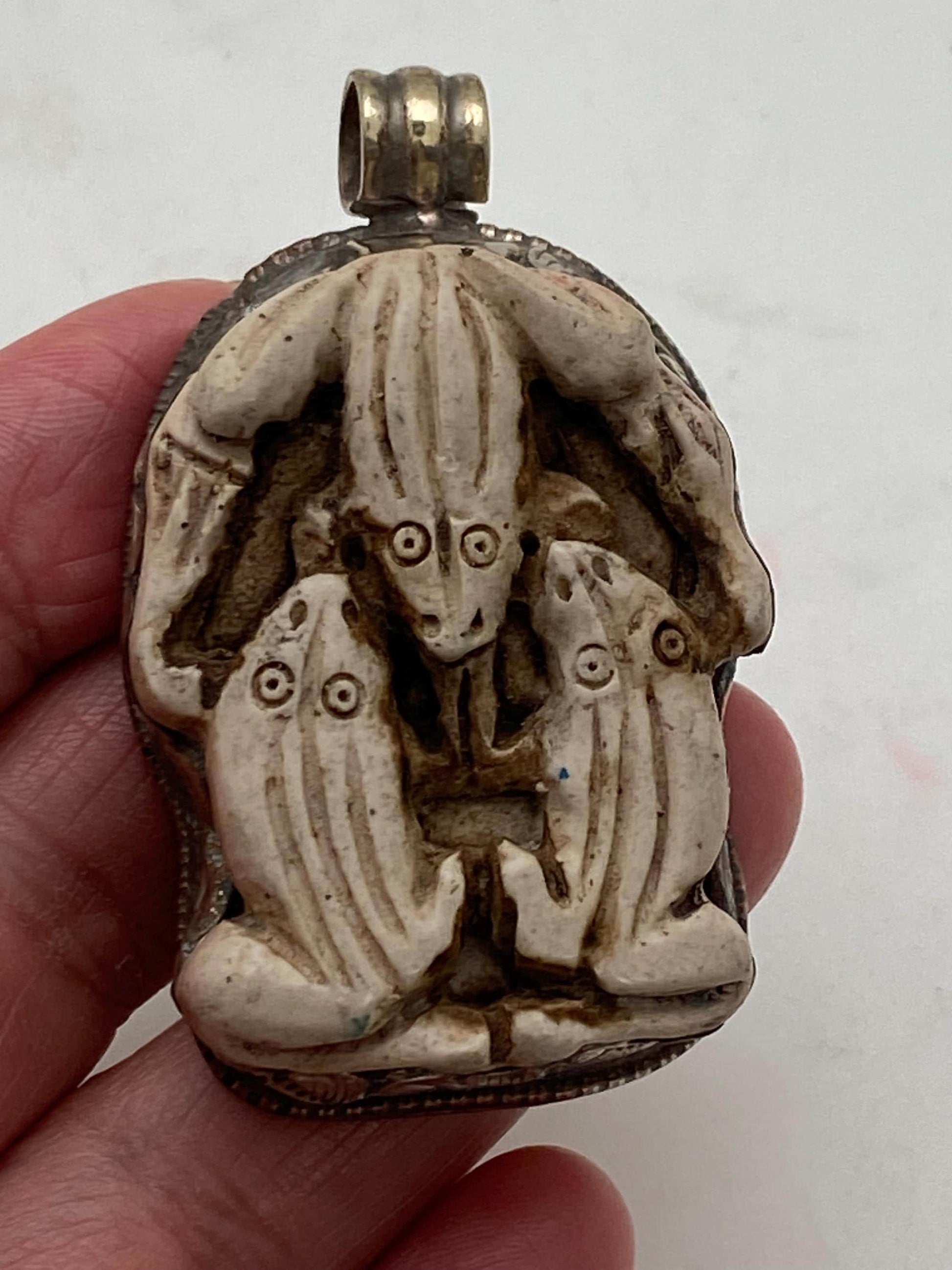 bone carved three frog pendant, handcrafted, Tibetan silver,Nepalese