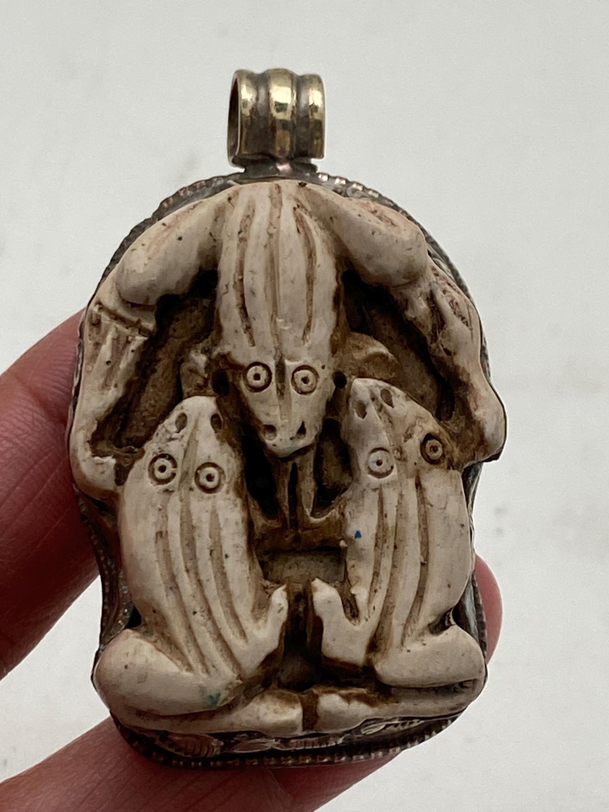 bone carved three frog pendant, handcrafted, Tibetan silver,Nepalese
