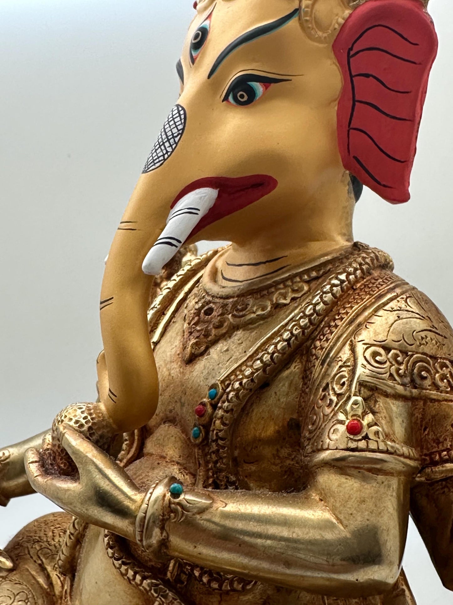 Handcrafted Gold Plated Lord Ganesh Statue with Turquoise and Coral Inlay