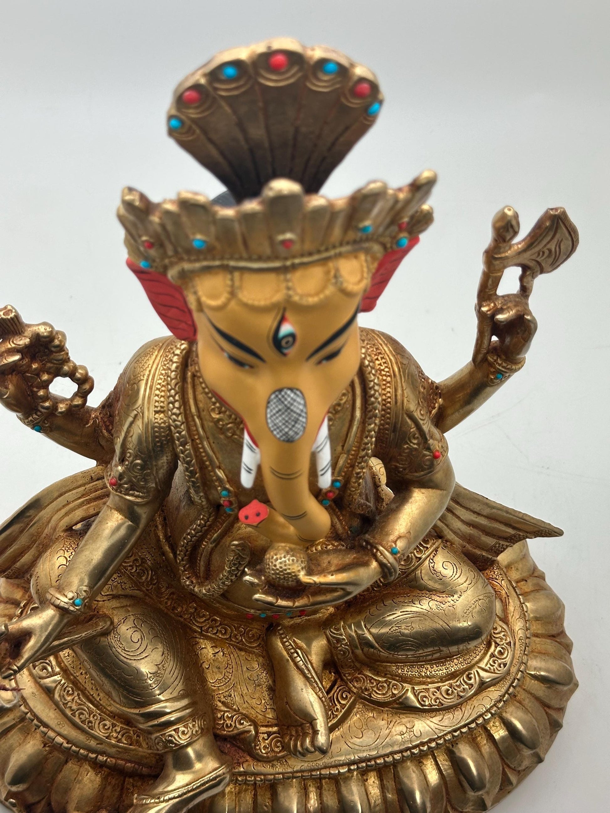 Handcrafted Gold Plated Lord Ganesh Statue with Turquoise and Coral Inlay