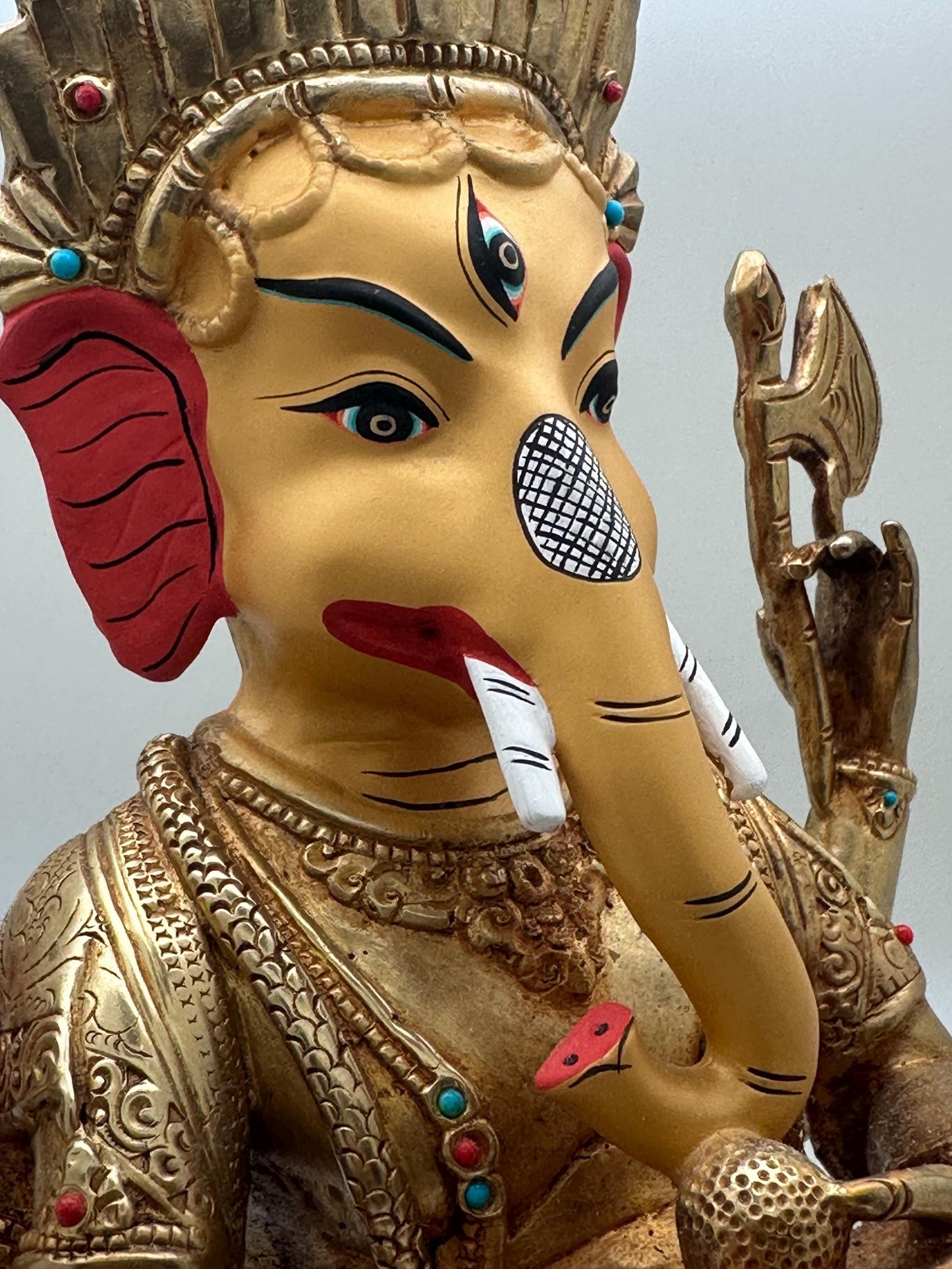 Handcrafted Gold Plated Lord Ganesh Statue with Turquoise and Coral Inlay