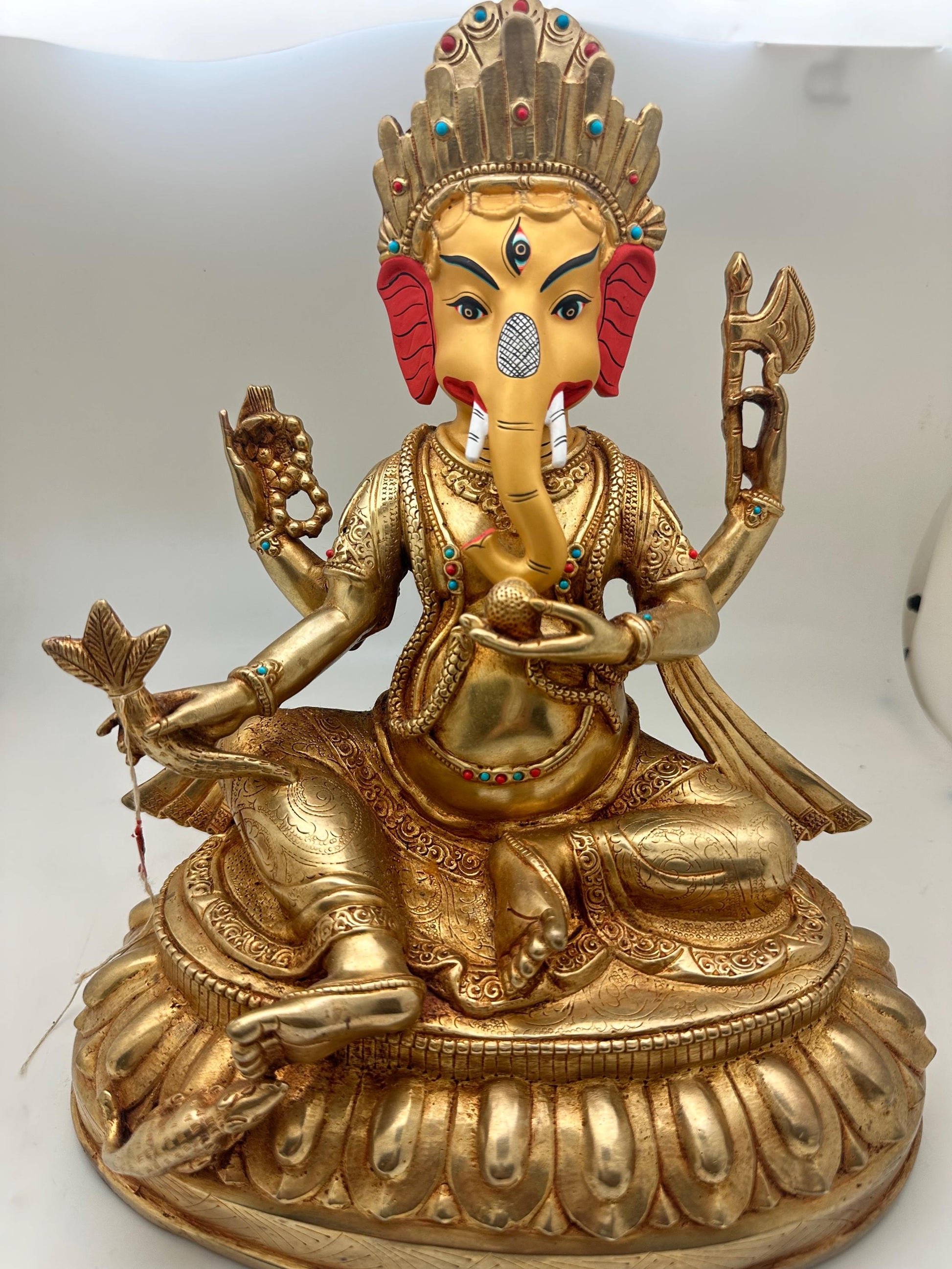 Handcrafted Gold Plated Lord Ganesh Statue with Turquoise and Coral Inlay