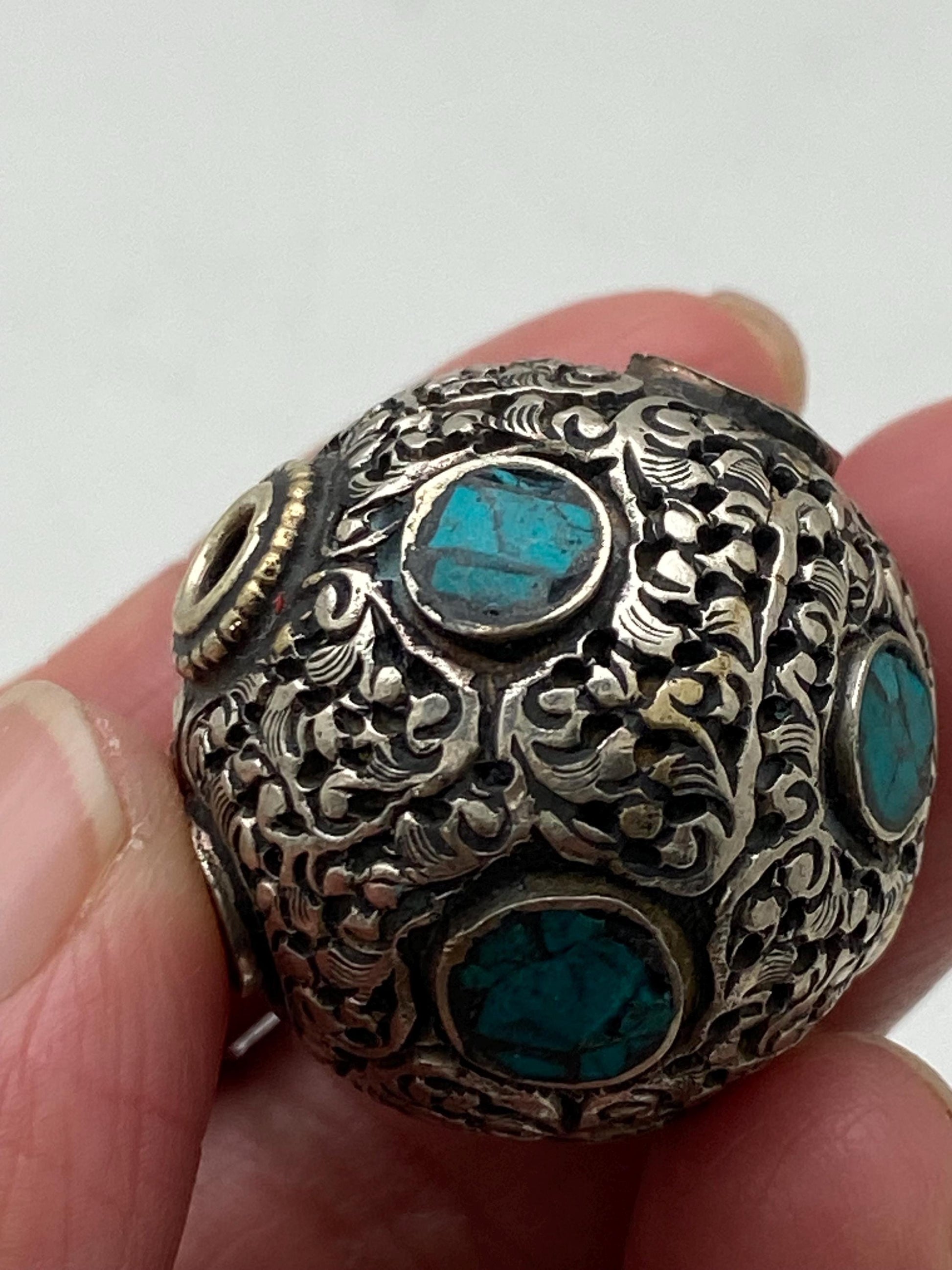 bead, turquoise inlaid bead,handcrafted,Tibetan silver,beads for necklace and bracelet, Himalayan,Nepalese