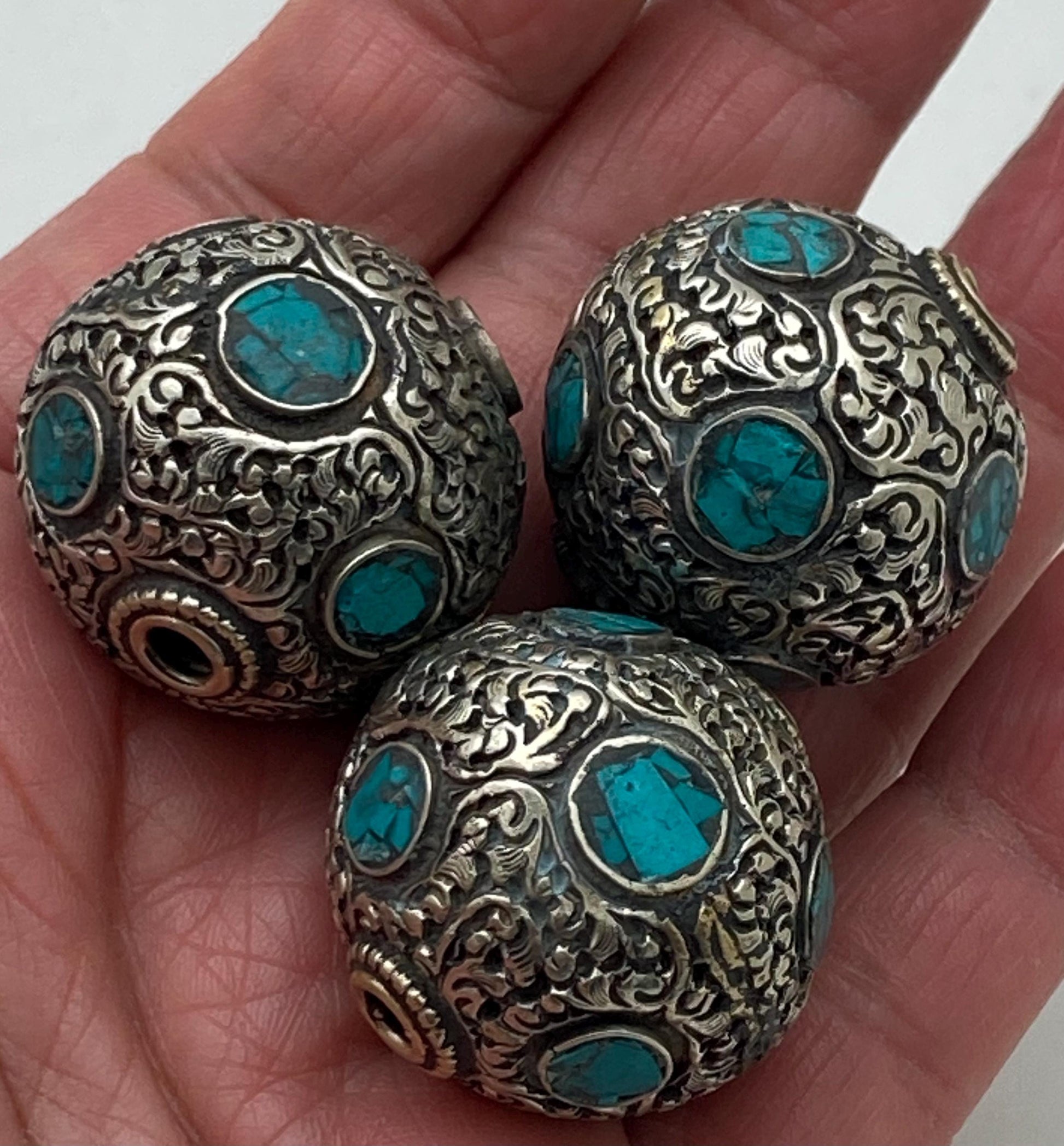 bead, turquoise inlaid bead,handcrafted,Tibetan silver,beads for necklace and bracelet, Himalayan,Nepalese