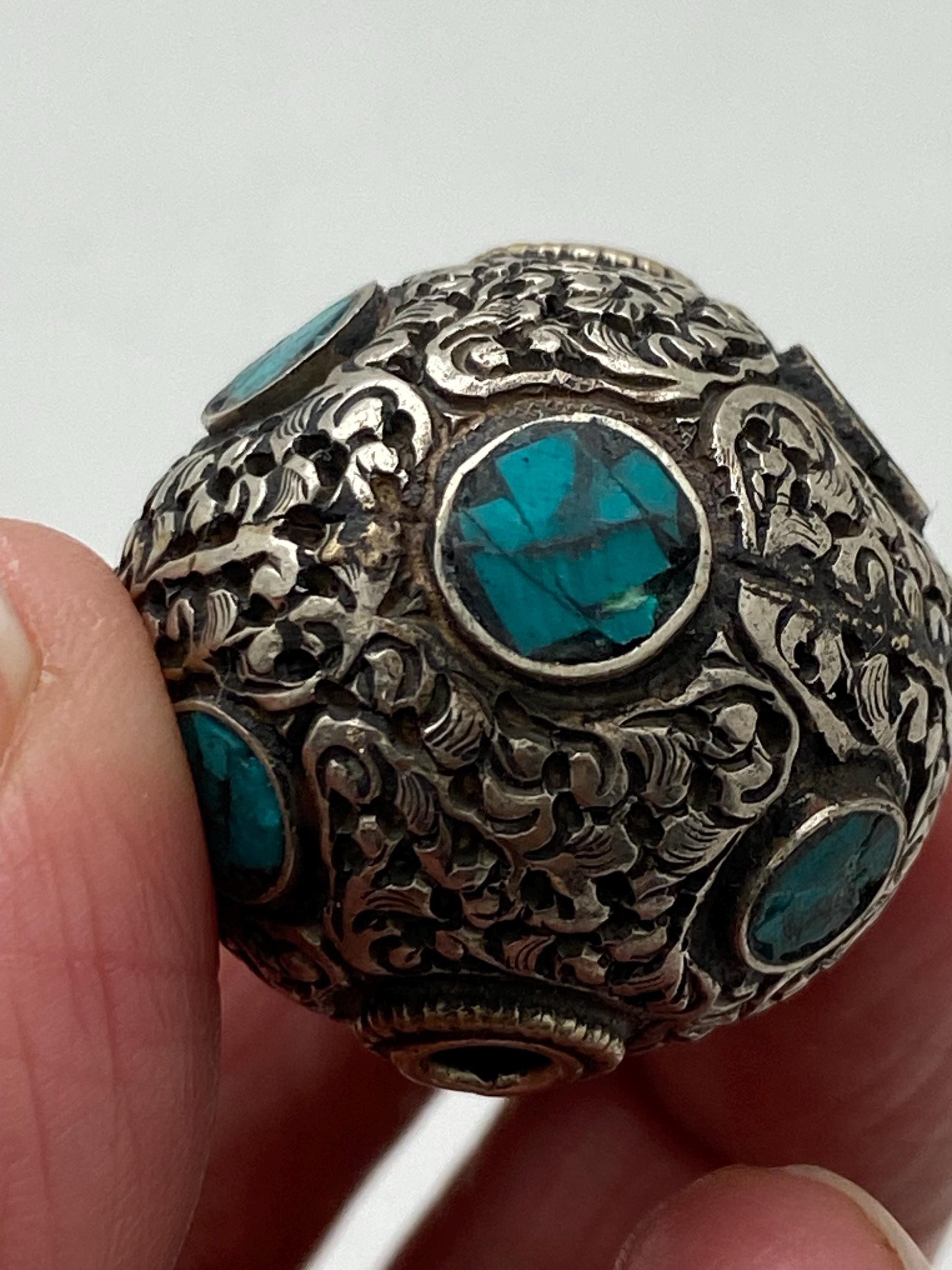 bead, turquoise inlaid bead,handcrafted,Tibetan silver,beads for necklace and bracelet, Himalayan,Nepalese