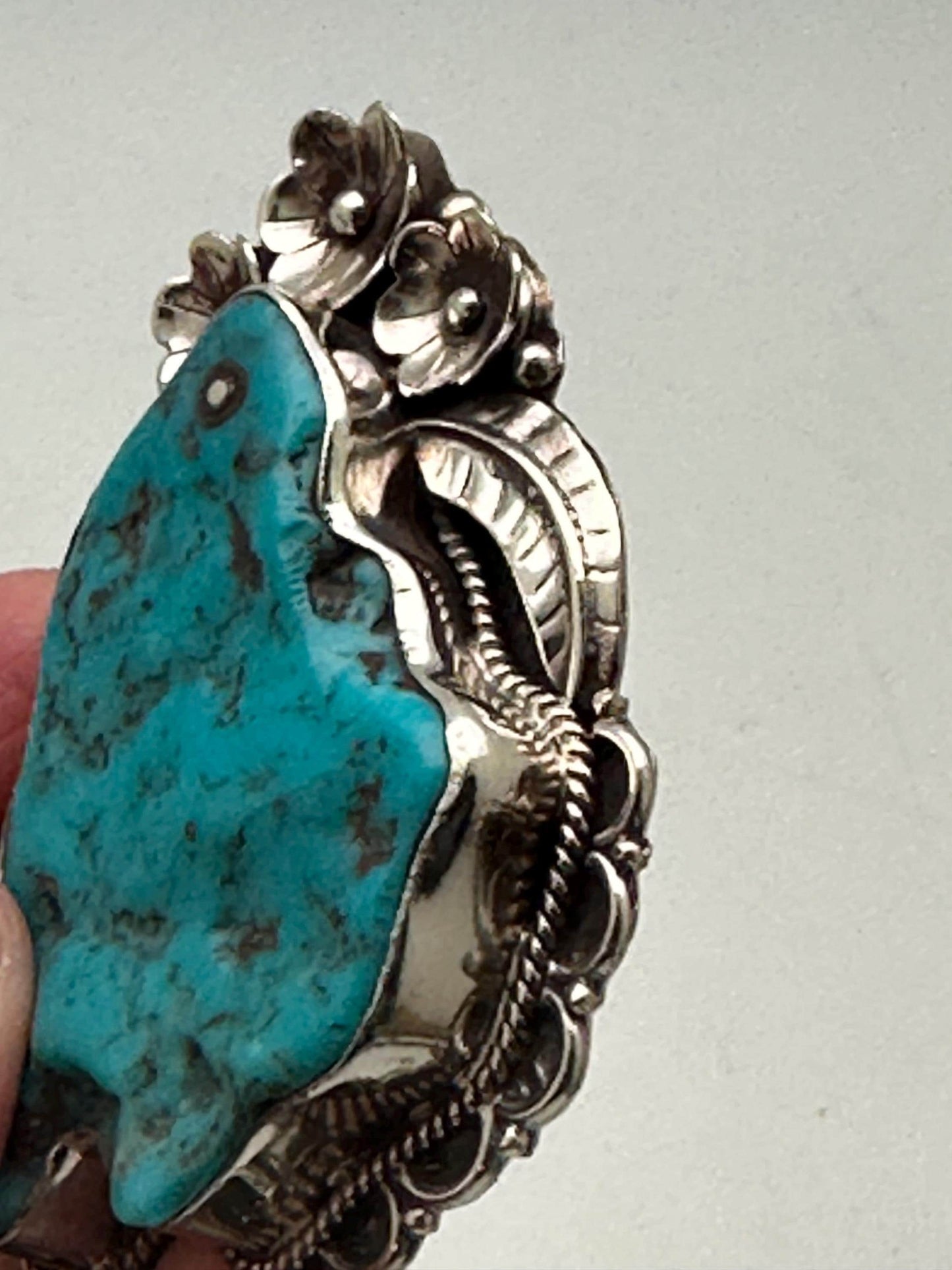 Handcrafted Turquoise Tibetan Silver Pendant: Ethnic Floral Dangle