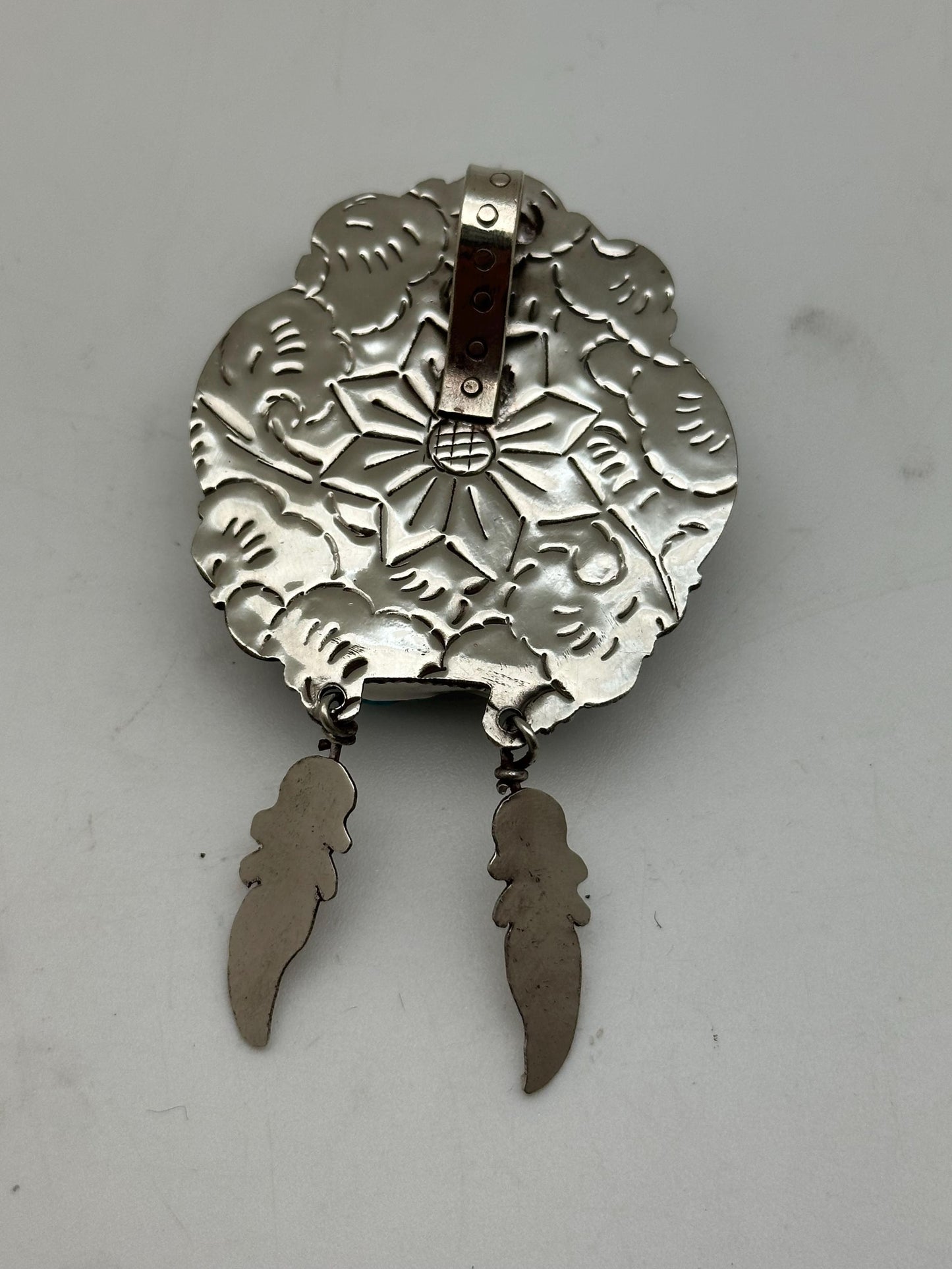 Handcrafted Turquoise Tibetan Silver Pendant: Ethnic Floral Dangle