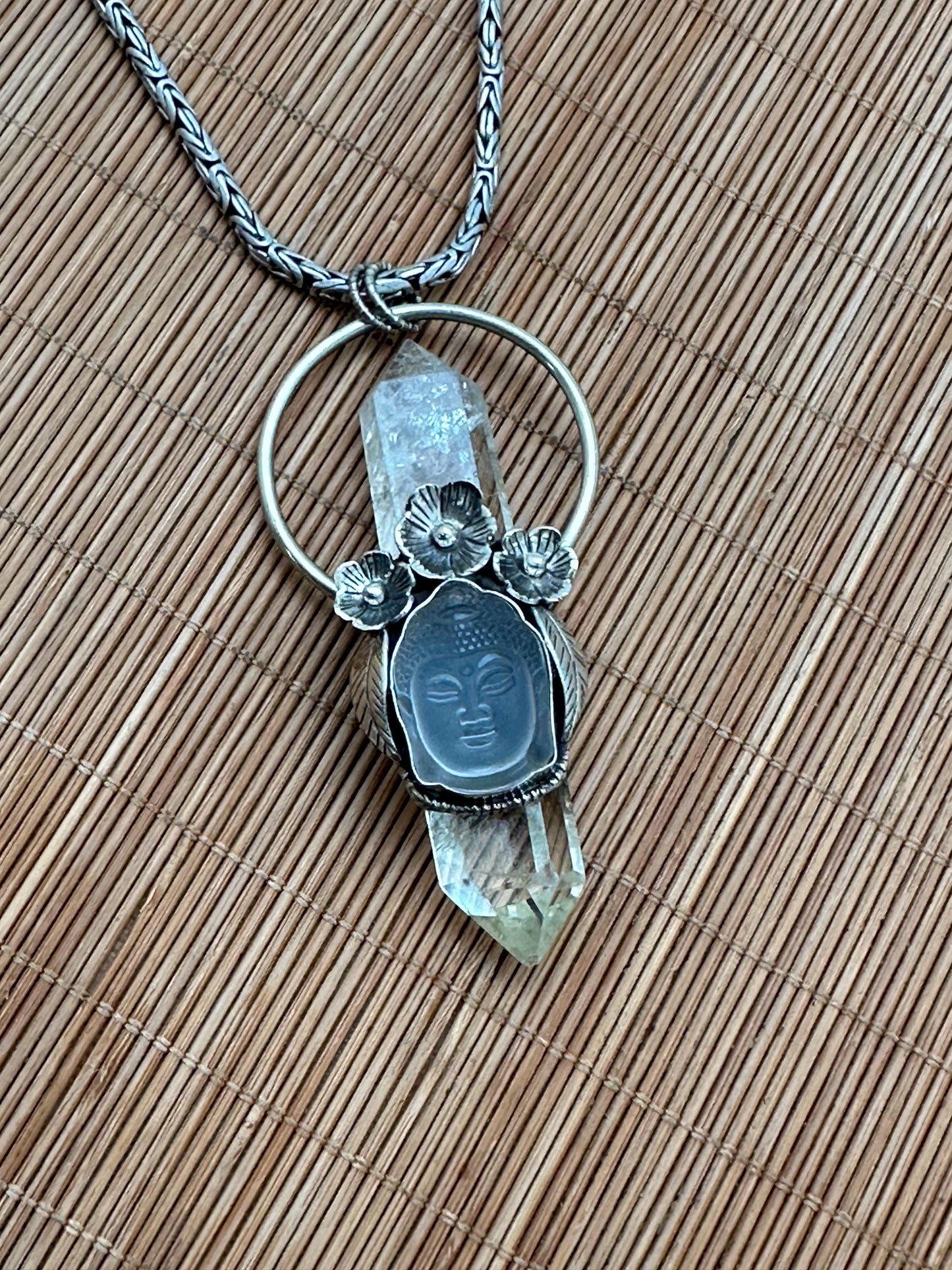 Citrine double pointed pendant, Quartz Buddha Pendant, Handcrafted, Tibetan Silver, Floral Design