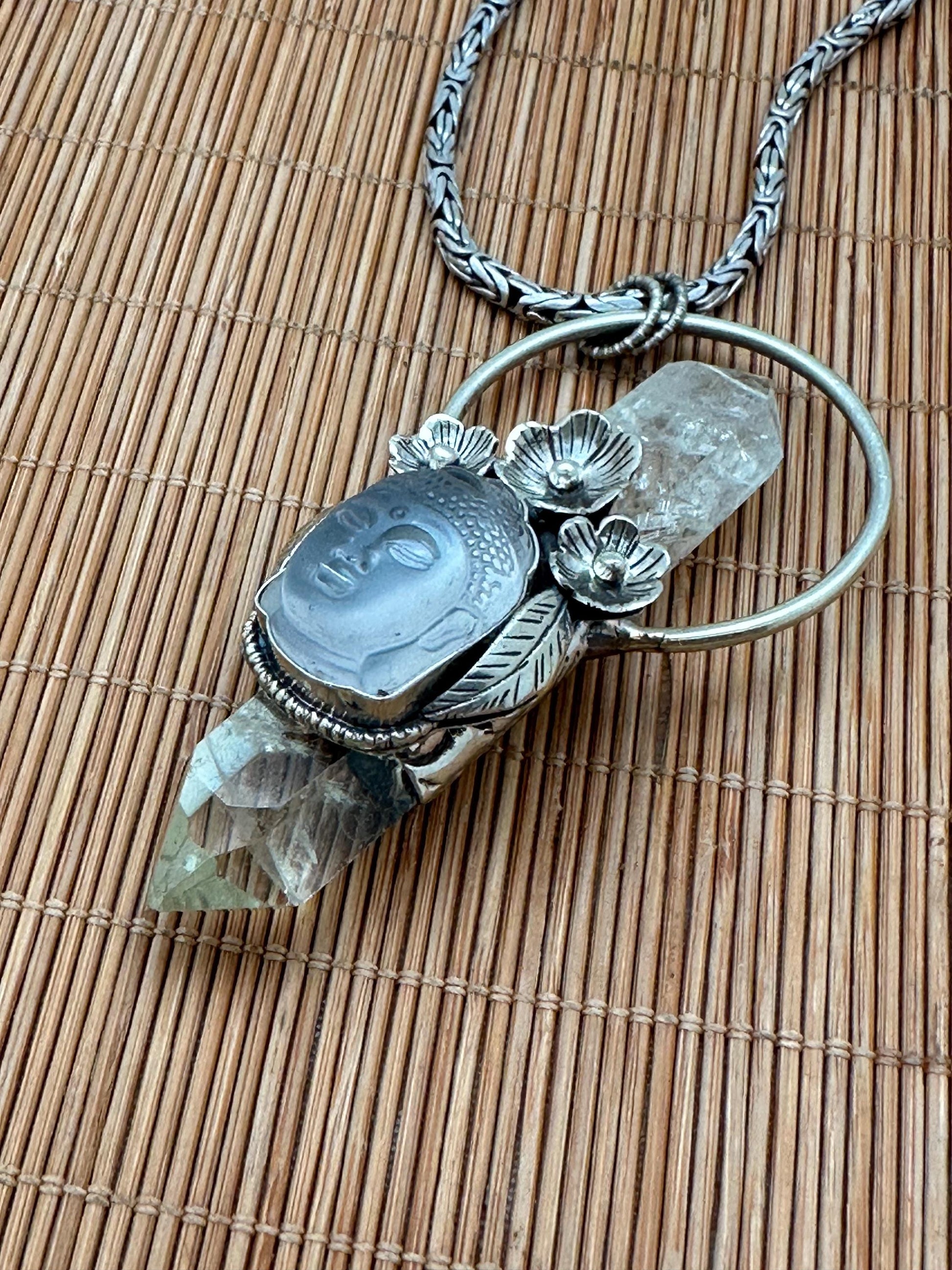 Citrine double pointed pendant, Quartz Buddha Pendant, Handcrafted, Tibetan Silver, Floral Design
