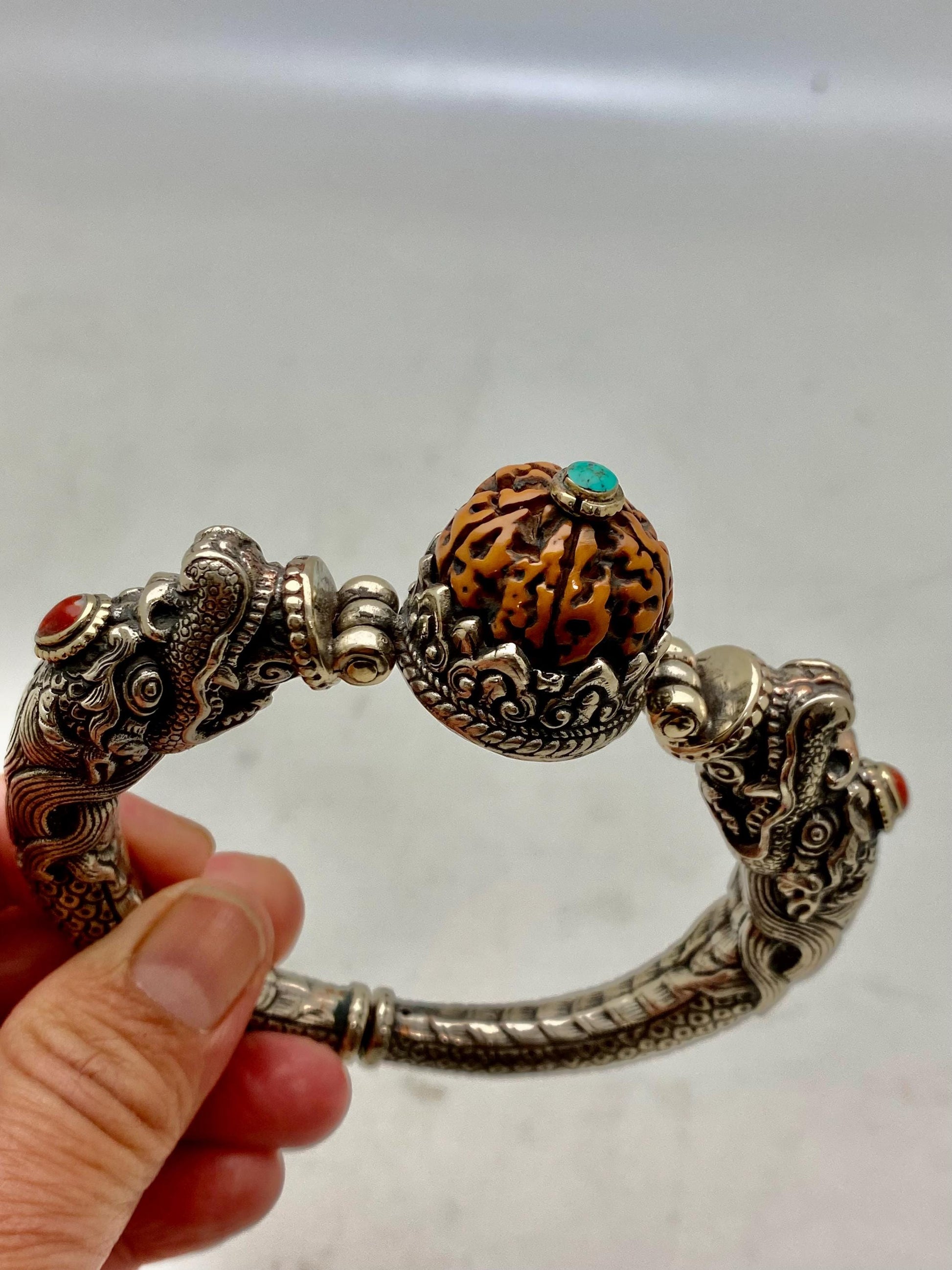 Handcrafted Tibetan Silver Dragon Bangle, Rudraksha, Turquoise, Coral Ethnic Design