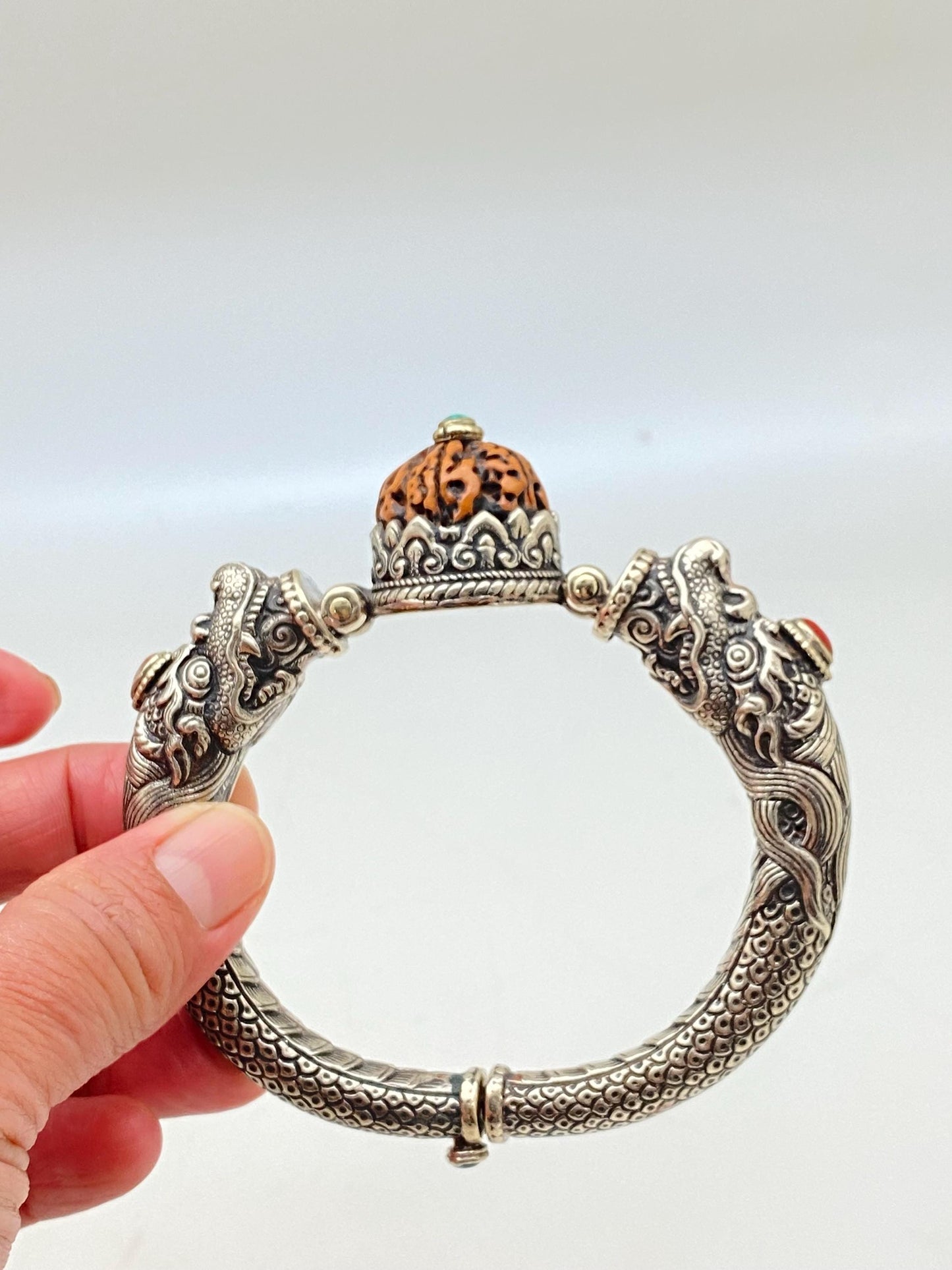 Handcrafted Tibetan Silver Dragon Bangle, Rudraksha, Turquoise, Coral Ethnic Design