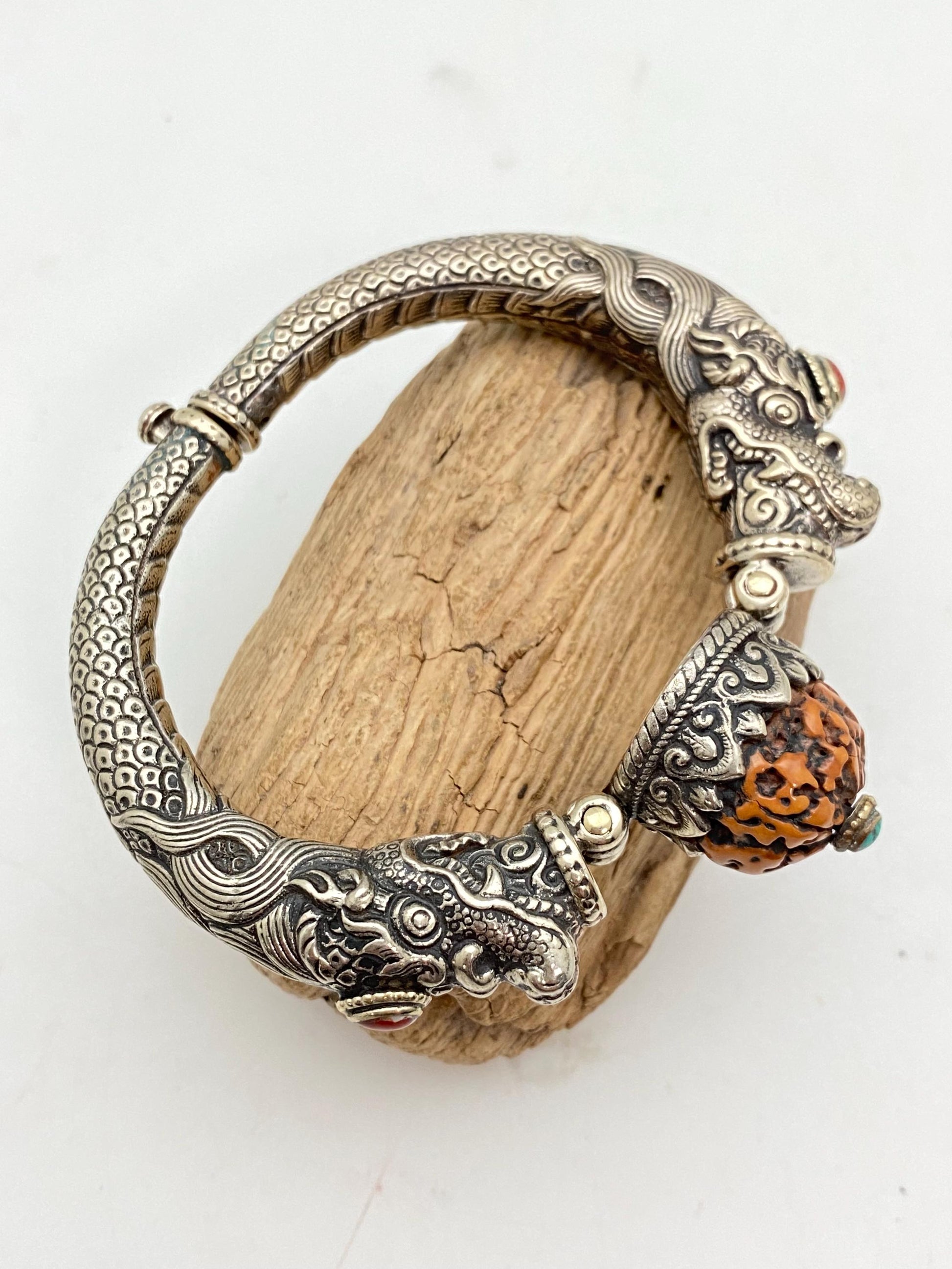 Handcrafted Tibetan Silver Dragon Bangle, Rudraksha, Turquoise, Coral Ethnic Design