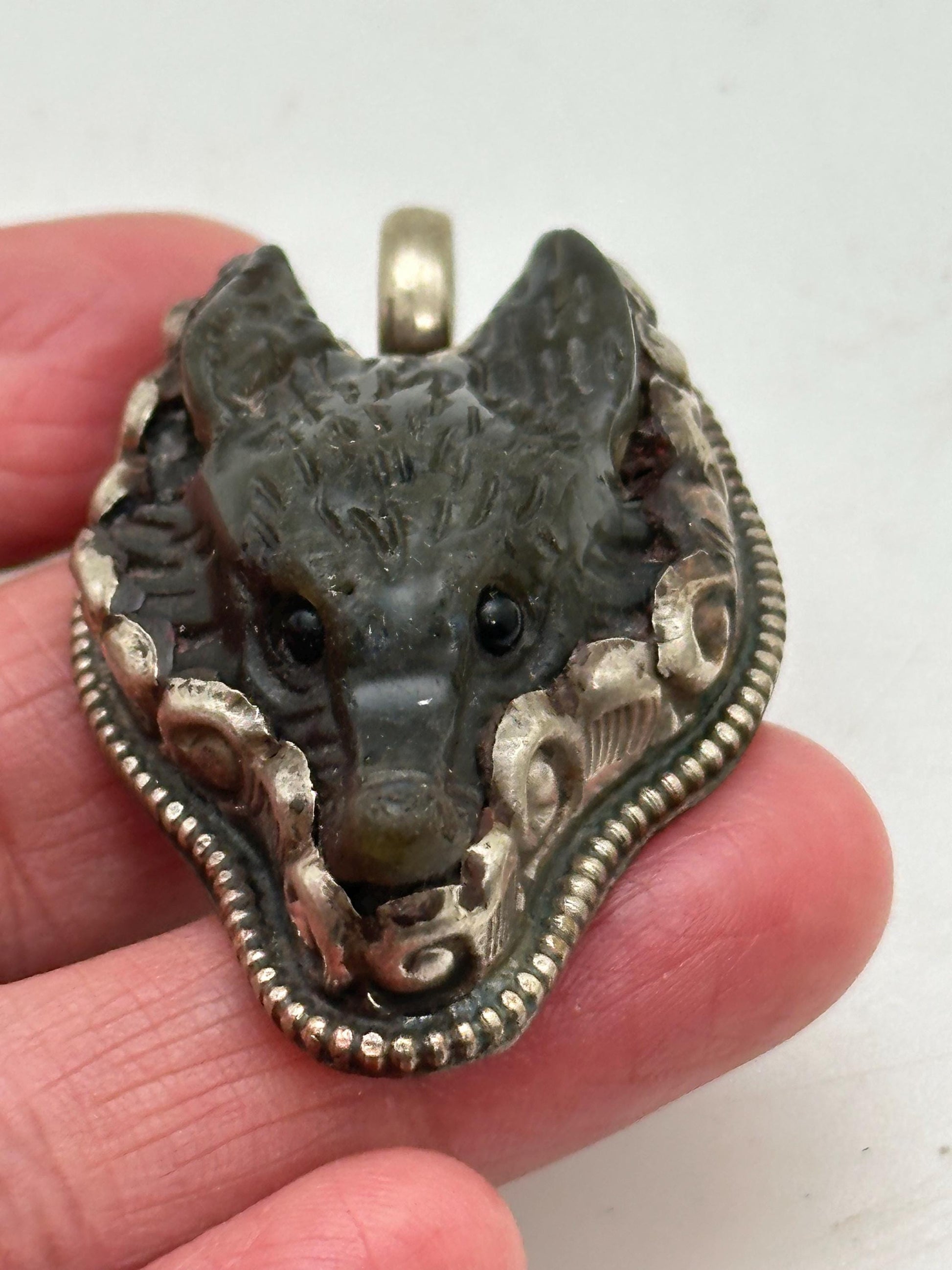labradorite carved wolf pendant, handcrafted, Tibetan silver, animal lover,