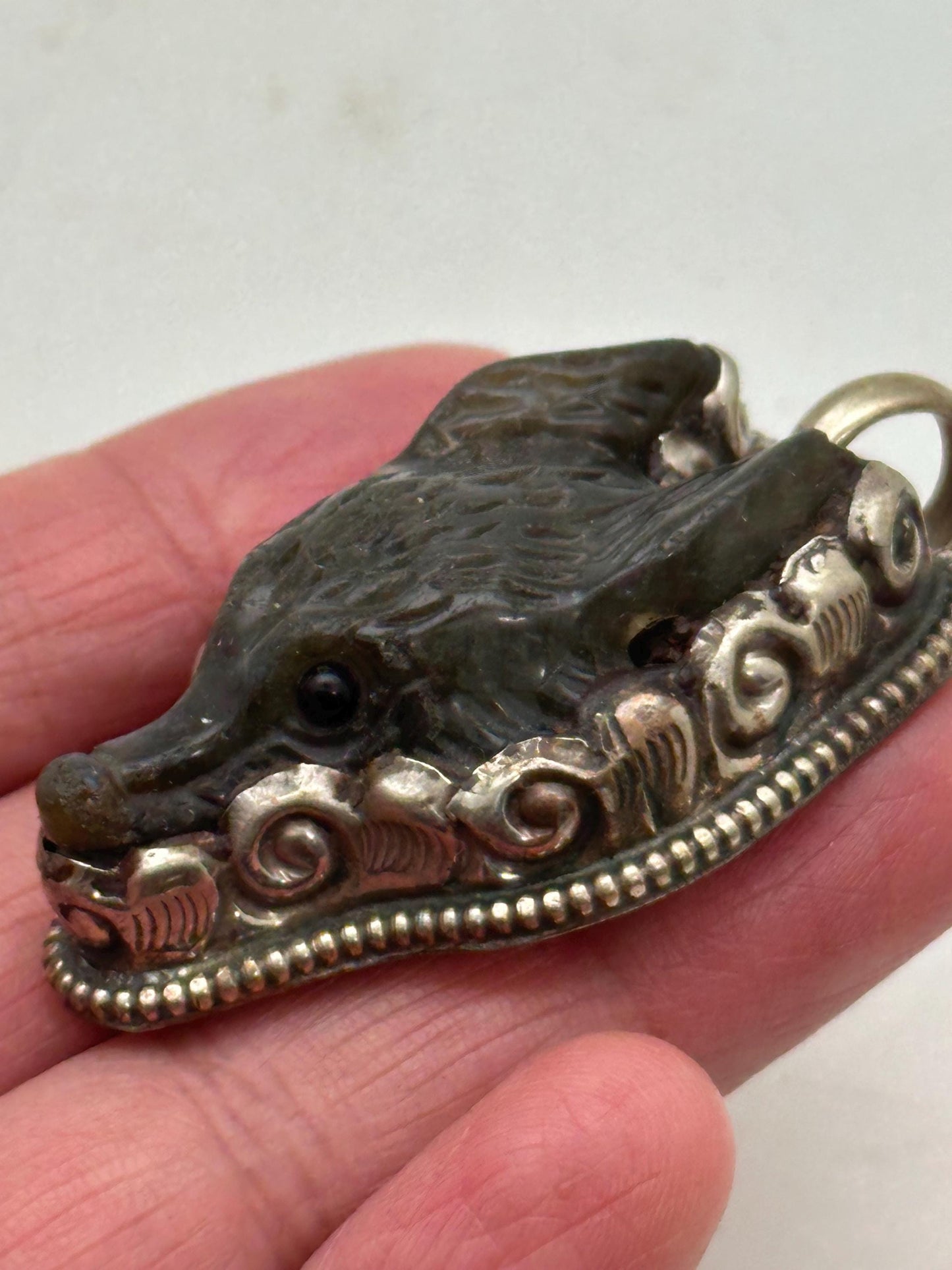 labradorite carved wolf pendant, handcrafted, Tibetan silver, animal lover,