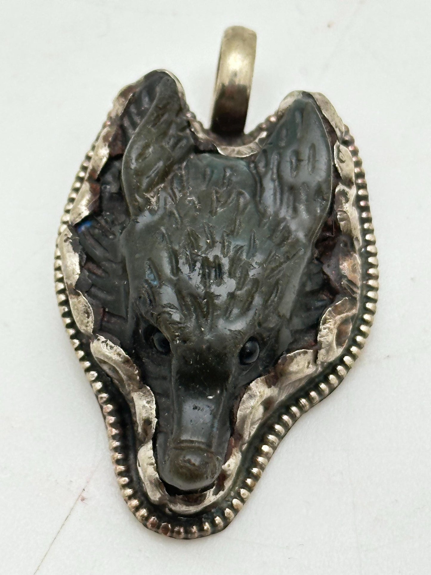 labradorite carved wolf pendant, handcrafted, Tibetan silver, animal lover,