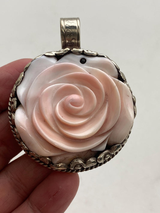 Handcrafted Shell Carved Rose Pendant: Tibetan Silver Flower
